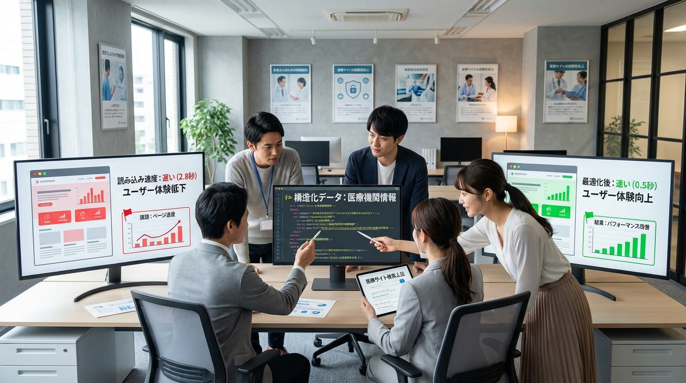 内部SEO対策の作業プロセスをチームで取り組む様子として表現