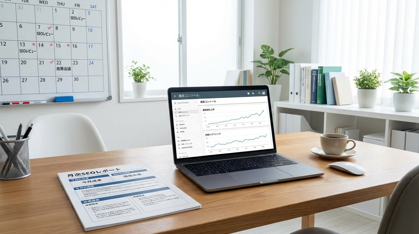 SEO継続運用の仕組みを月次レビューの実際の作業風景として表現