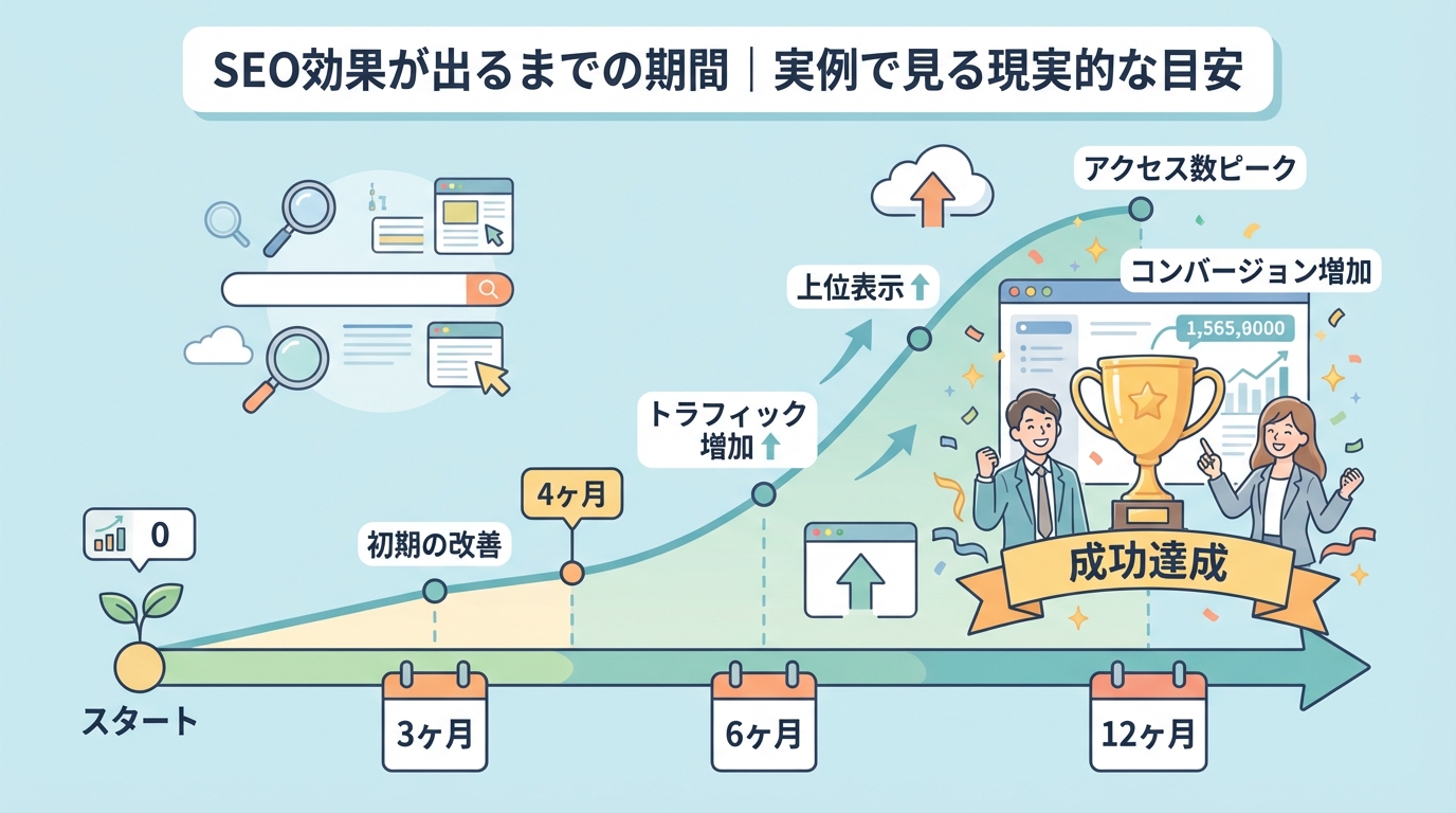 SEO効果が出るまでの期間をタイムライン形式で表現したイラスト。正面構図で時系列を強調