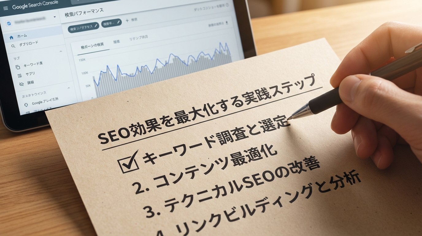 SEO改善の実践ステップを示すチェックリスト付きのデスク写真。手元のノートにフォーカス