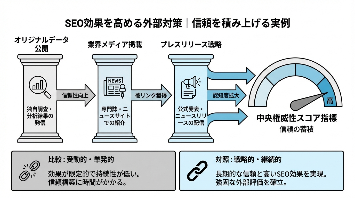 被リンク獲得の3つの柱を正面から示す概念図。独自データ・メディア取材・プレスリリースの関係性