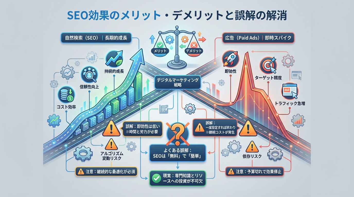 SEOと広告のメリット・デメリットをアイソメトリック視点で可視化した概念図