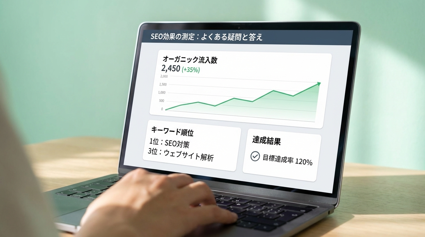 SEO効果の測定画面をクローズアップで撮影した写真風画像。分析ダッシュボードにフォーカス