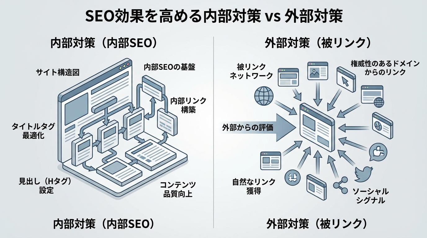 SEO内部対策と外部対策を左右で対比したイラスト。斜めアングルで奥行きを演出