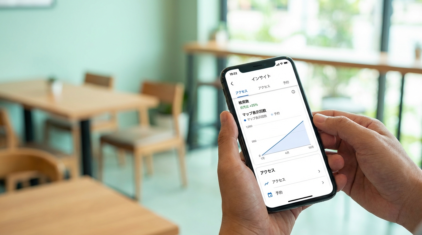 飲食店オーナーのスマホ画面に表示されたGoogleビジネスプロフィールのインサイトデータをクローズアップ