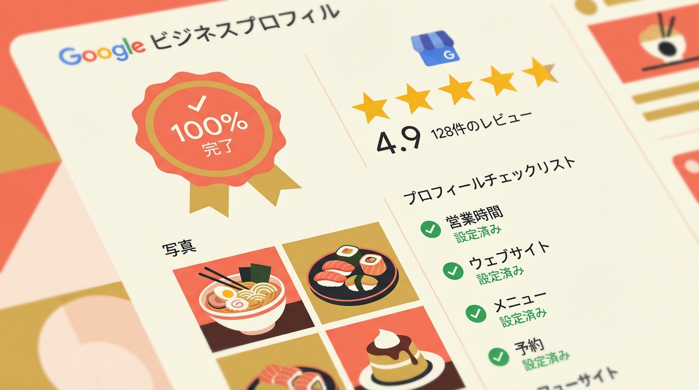 Googleビジネスプロフィールの完成度100%の管理画面とレビュー星評価をクローズアップ