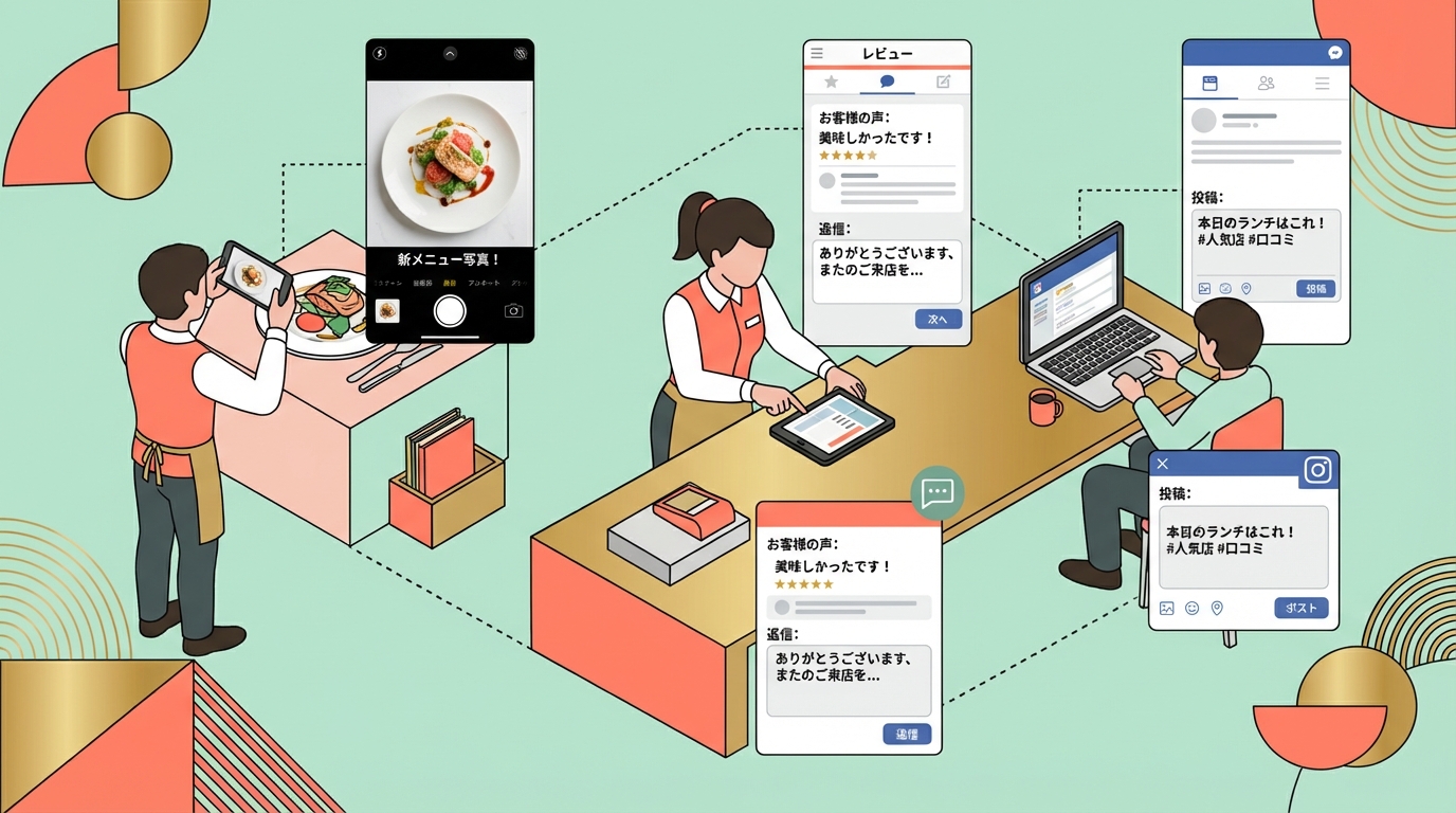 SNS投稿・口コミ返信・写真撮影を同時進行する飲食店スタッフのアイソメトリック俯瞰図