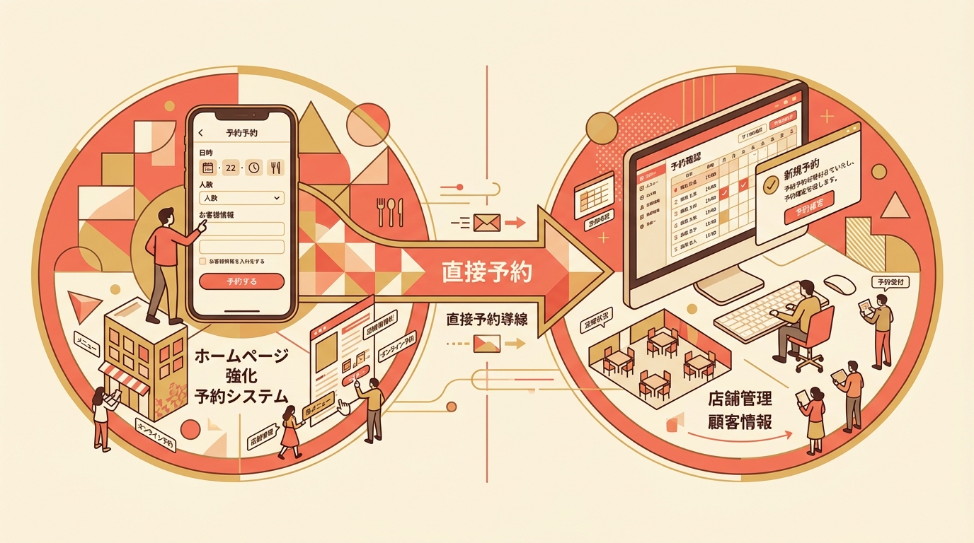 ホームページの予約フォームをスマホで入力する顧客と店舗側の予約管理画面を鳥瞰で描写