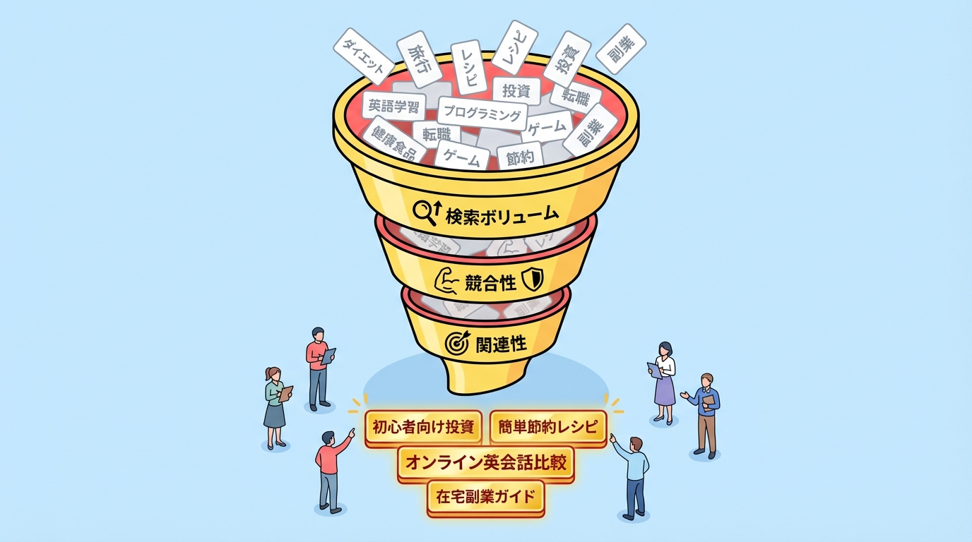 ステップ3の勝てるキーワードへの絞り込み判断。3つの判断軸をチェックリスト形式で表現。