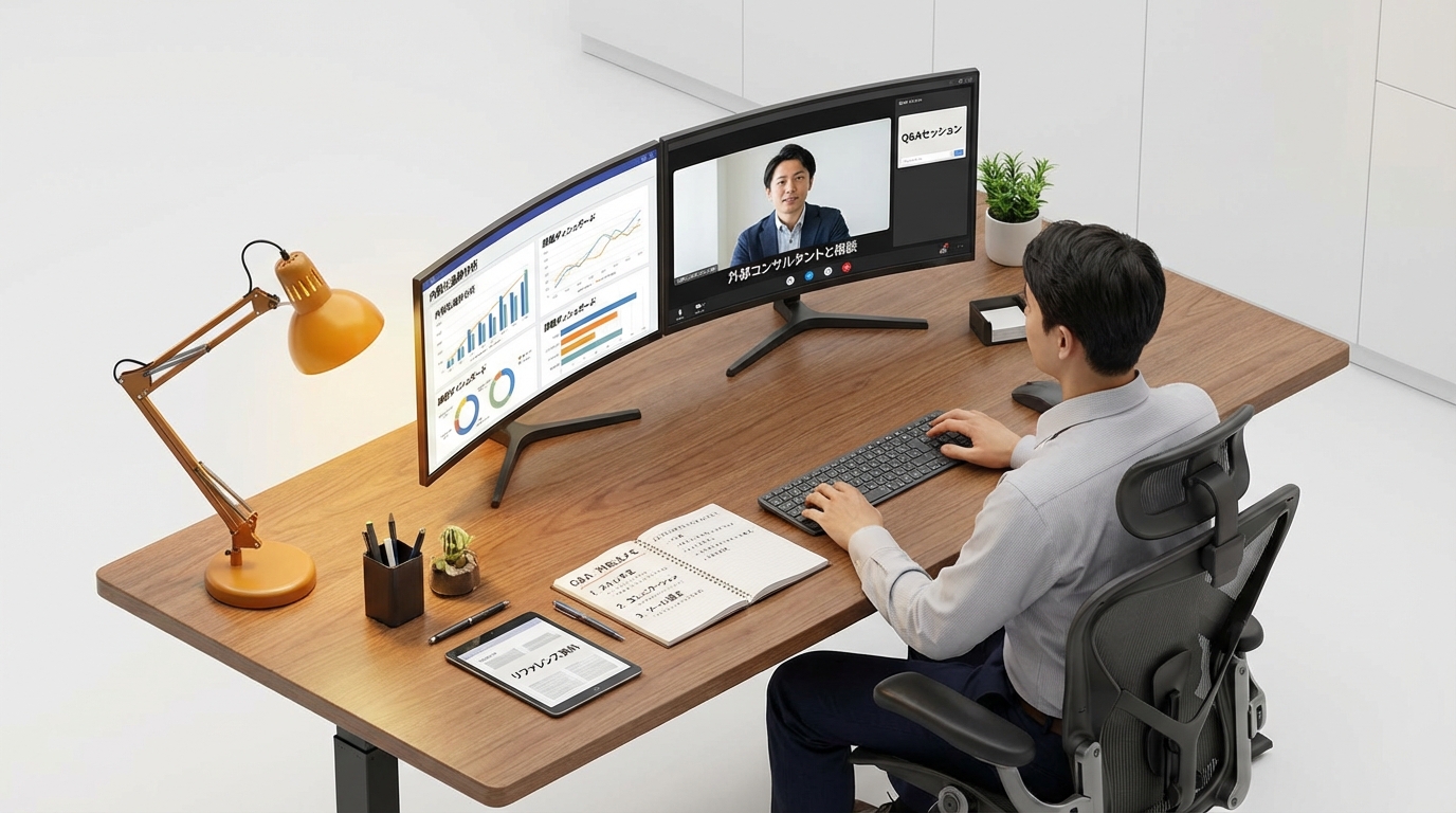 つまずいた時の対処法を相談するシーン。PCを前にオンラインミーティングでパートナーに相談する構図をアイソメトリック視点で描写