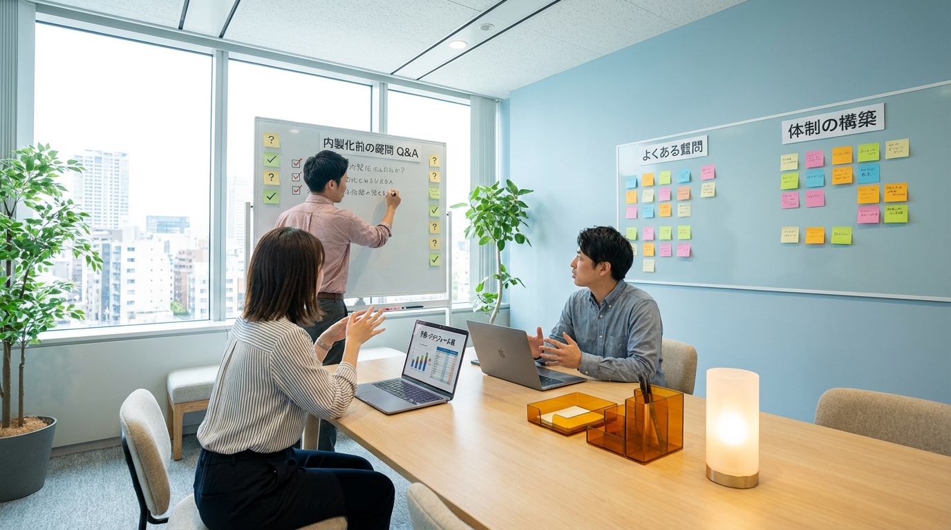 内製化前の疑問について社内ミーティングで議論するチームのワイドショット。担当者がホワイトボードに質問リストを書き出す場面