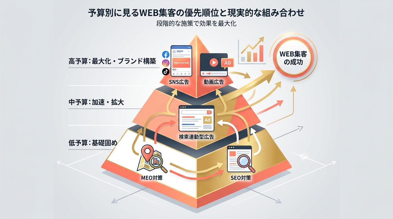 予算別のWEB集客施策の優先順位を階層構造で示す概念図。月額予算ごとに推奨施策が段階的に増えていく構造。