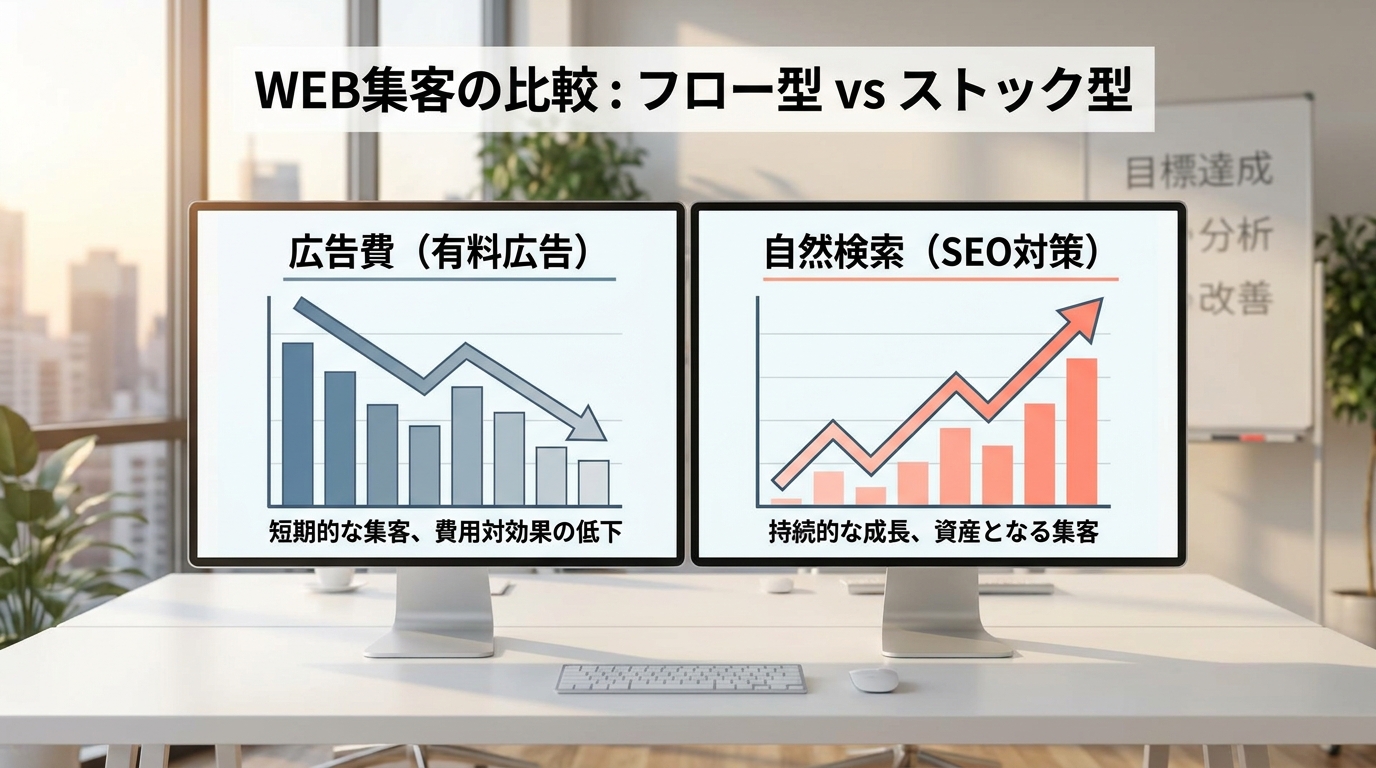 SEOの資産型効果を対比で示す写真風イメージ。左側に広告費のグラフが止まる様子、右側にSEOの積み上がるグラフを並列表示。ワイドショットで全体が見える構図。