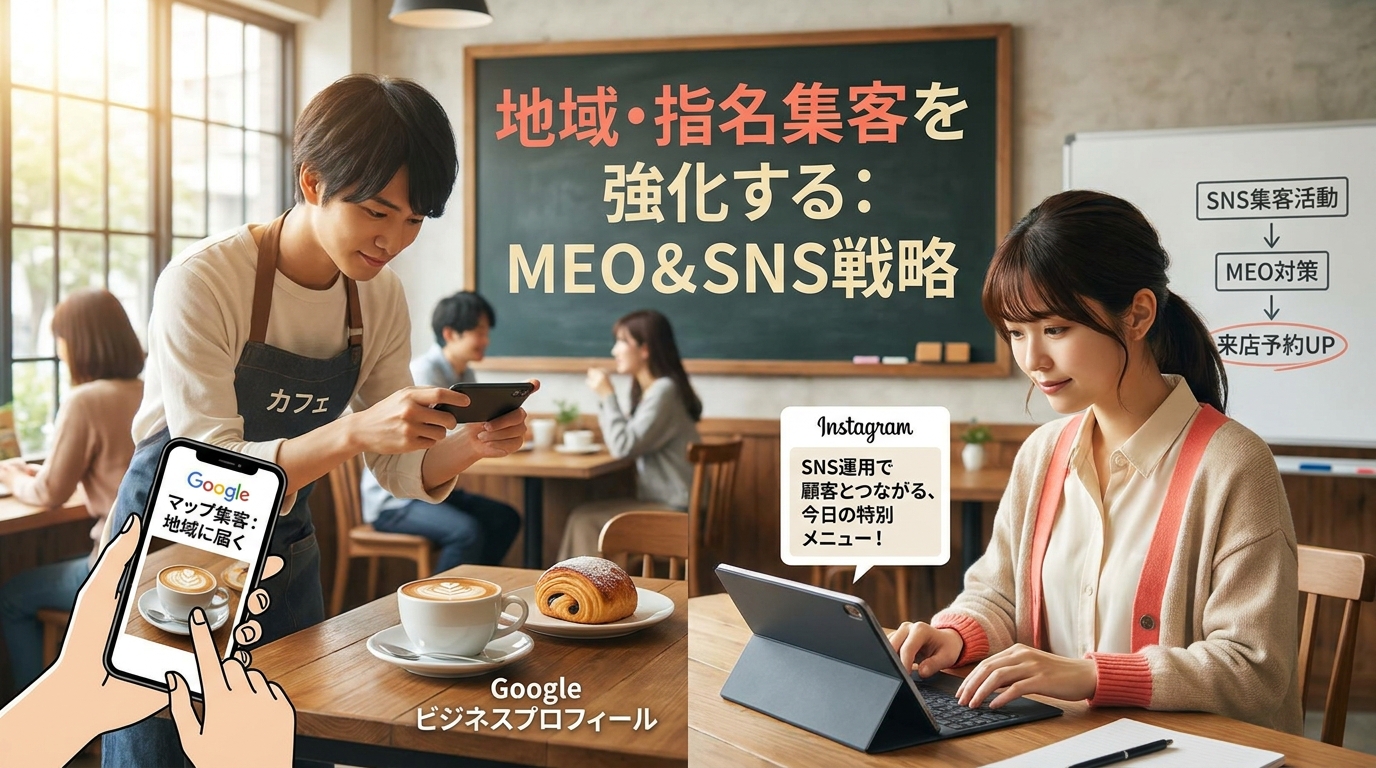 SNS運用とMEO対策に取り組む店舗スタッフの作業シーン。スマホでGoogleビジネスプロフィールの写真を撮影しつつ、別のスタッフがInstagramに投稿している様子。斜めアングルで臨場感のある構図。