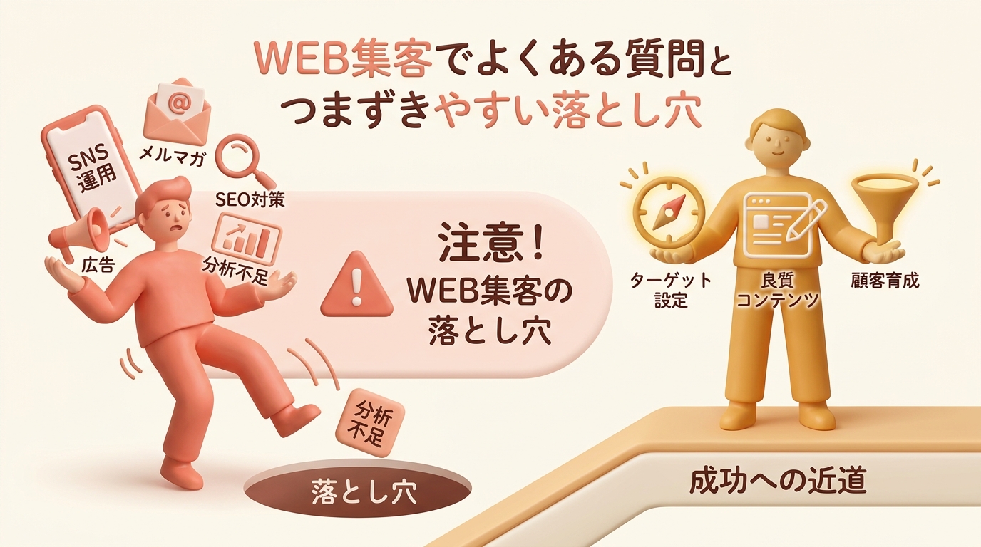 WEB集客でよくある失敗パターンを警告的に描いたイラスト。複数の施策アイコンに手を伸ばしすぎて転びそうになっているキャラクターと、3つだけに絞って安定して立つキャラクターの対比。斜めアングル。