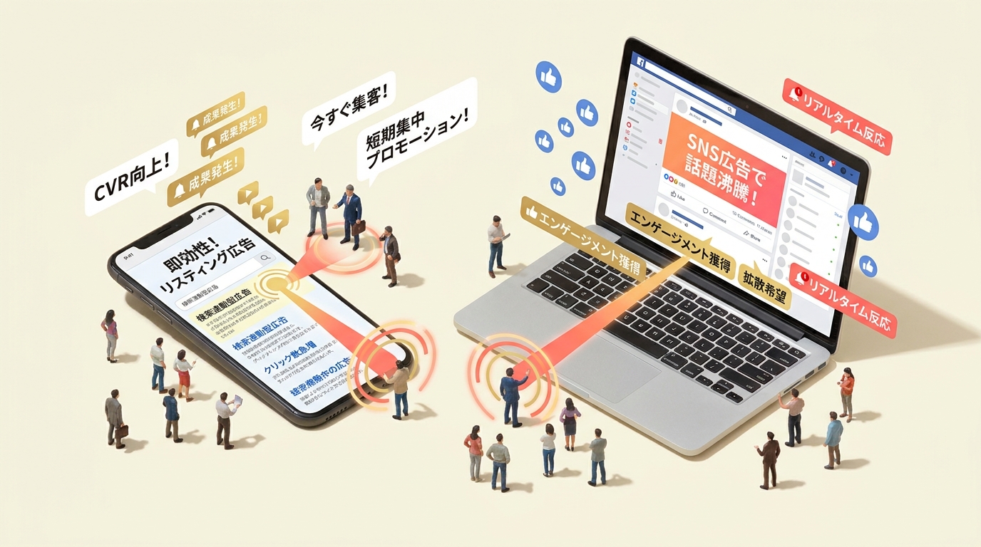 リスティング広告とSNS広告の即効性を表現する俯瞰写真。鳥瞰図で小さな人物がスマホやPCの周りに集まり、広告クリックから問合せまでの流れを示す。