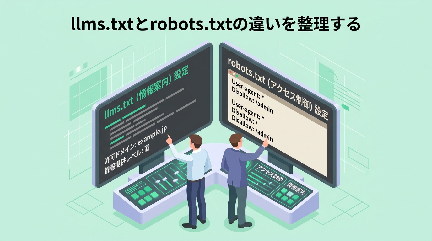 llms.txtとrobots.txtの違いを説明する人物アクション