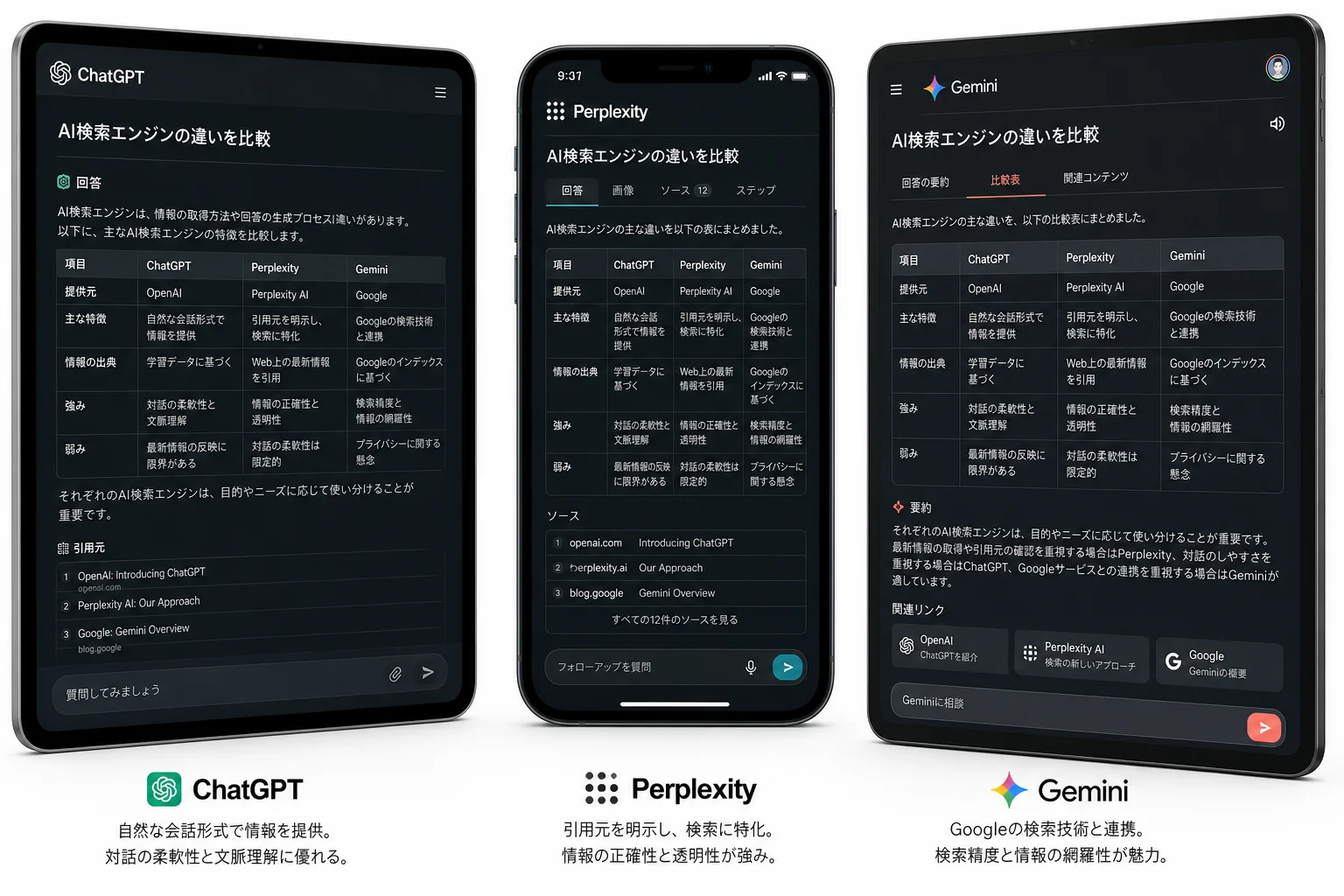 AI検索3社のインターフェース比較シーン