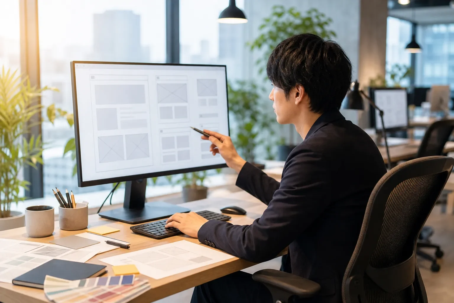ChatGPTに自社情報が引用されない原因を、日本のオフィスでサイト構造を確認しながら調べている様子のイラスト