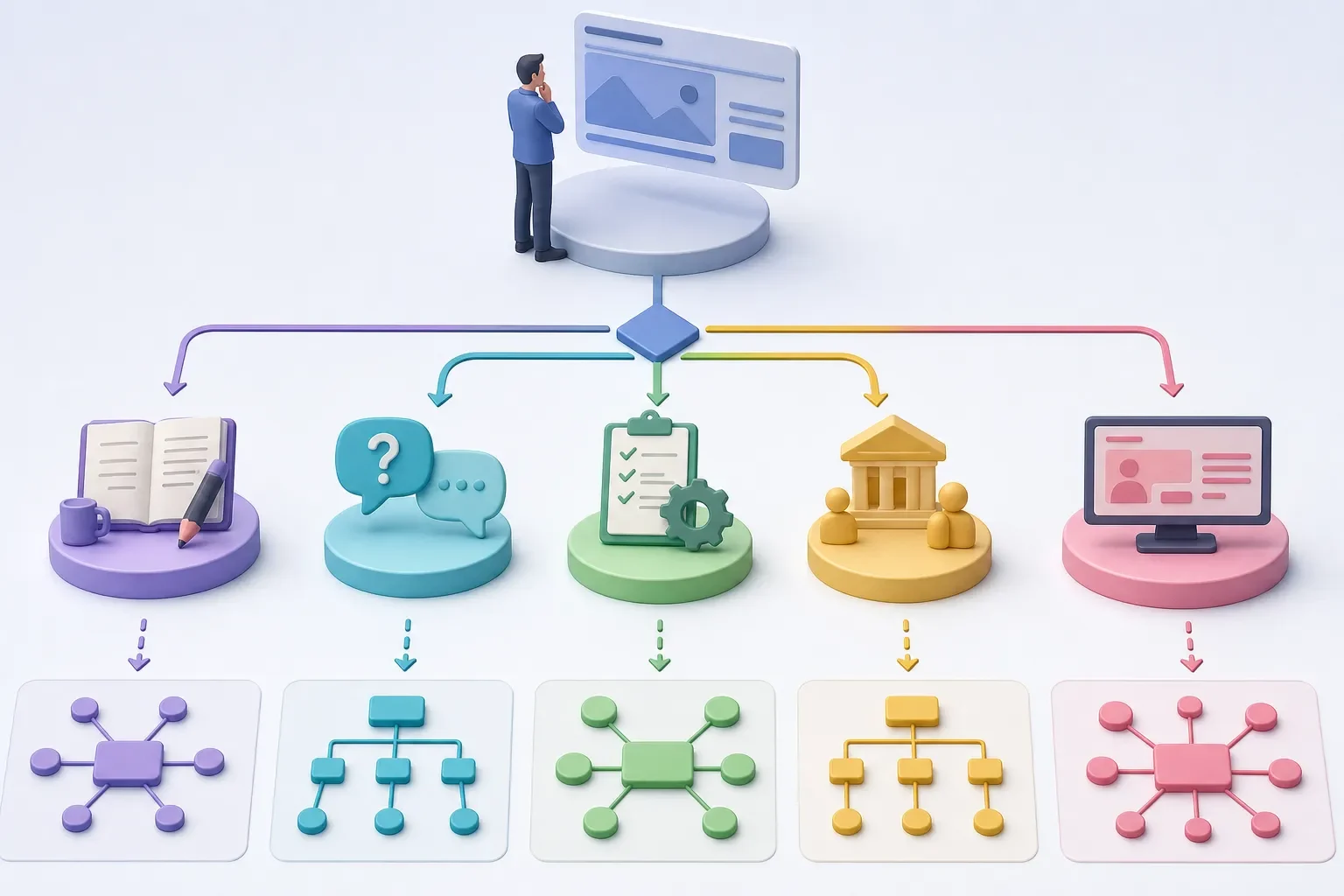 illustration style with close-up detail shot focusing on key element, shallow depth of field effect, schematic concept diagram layout with interconnected nodes and branching arrows spreading from one central hub into four distinct card-shaped blocks each marked only by simple abstract icons, flowchart style connectors, abstract representation without prominent human figures, isometric-feeling three-quarter angle, bright even studio light, clean white surface, clean white background, no text, no letters, no signage, no readable characters, photorealistic, 16:9