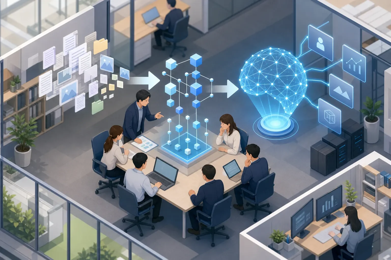dynamic scene with people actively working, isometric 3D perspective with 30-degree angle, balanced depth and dimension, Japanese professionals in a modern office in Japan gathered around a large table where data visualization with abstract charts and graphs and an analytics dashboard float above the surface, one engineer pointing at glowing metric shapes on a screen, top-down flat-lay of data materials such as blank printouts and tablets, even diffused studio light 5500K, no shadows, soft gray background, no text, no letters, no signage, no readable characters, photorealistic, 16:9