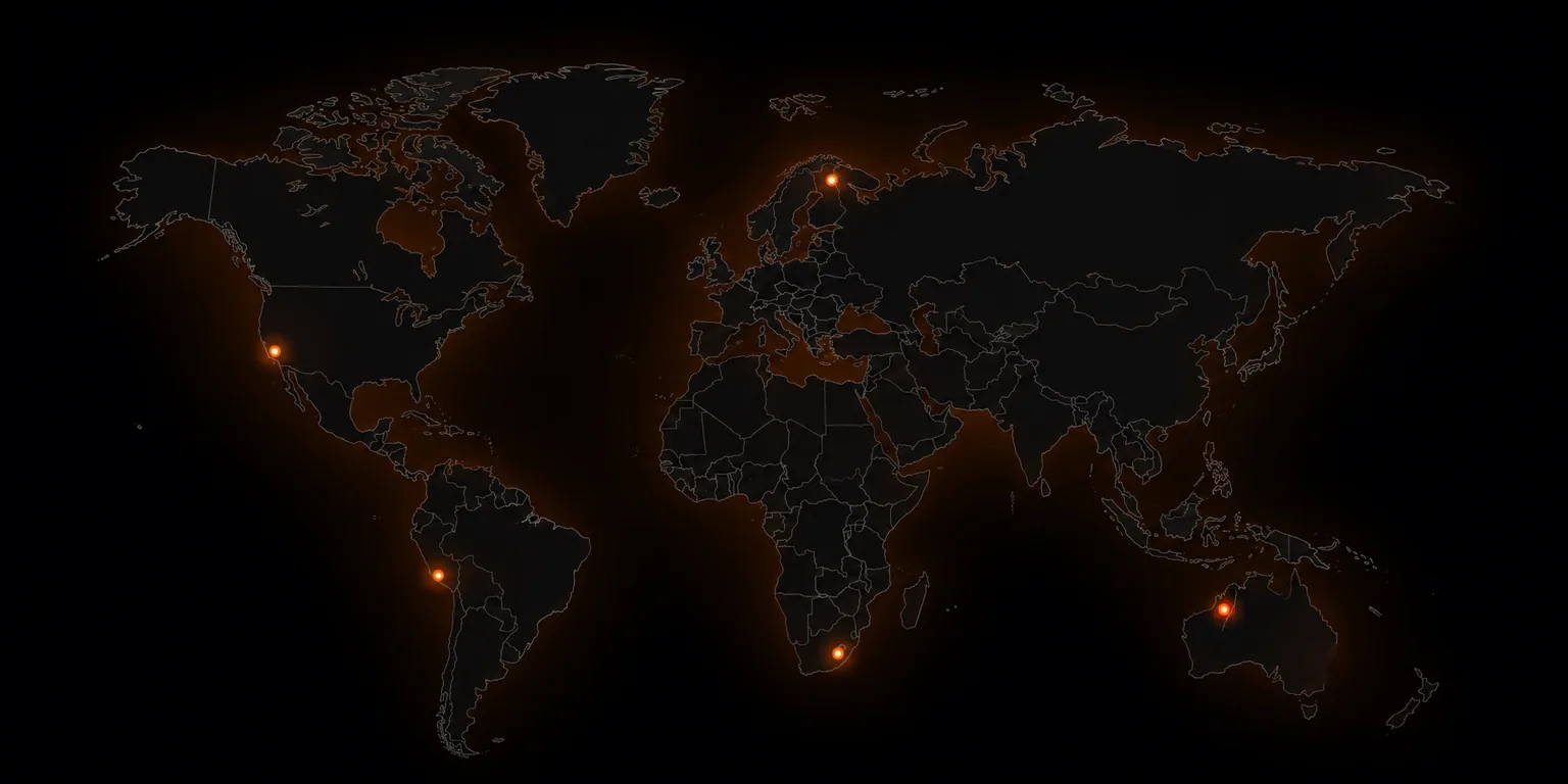 Dark world map with five glowing orange points marking locations in North America, South America, Europe, Africa, Australia.