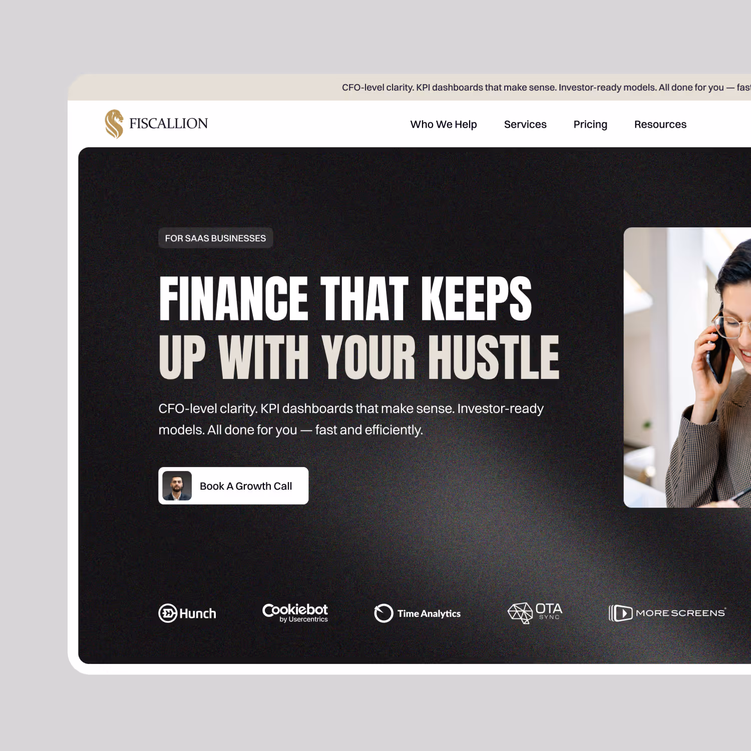 An image showcasing a website design and branding for fractional CFO Agency Fiscallion
