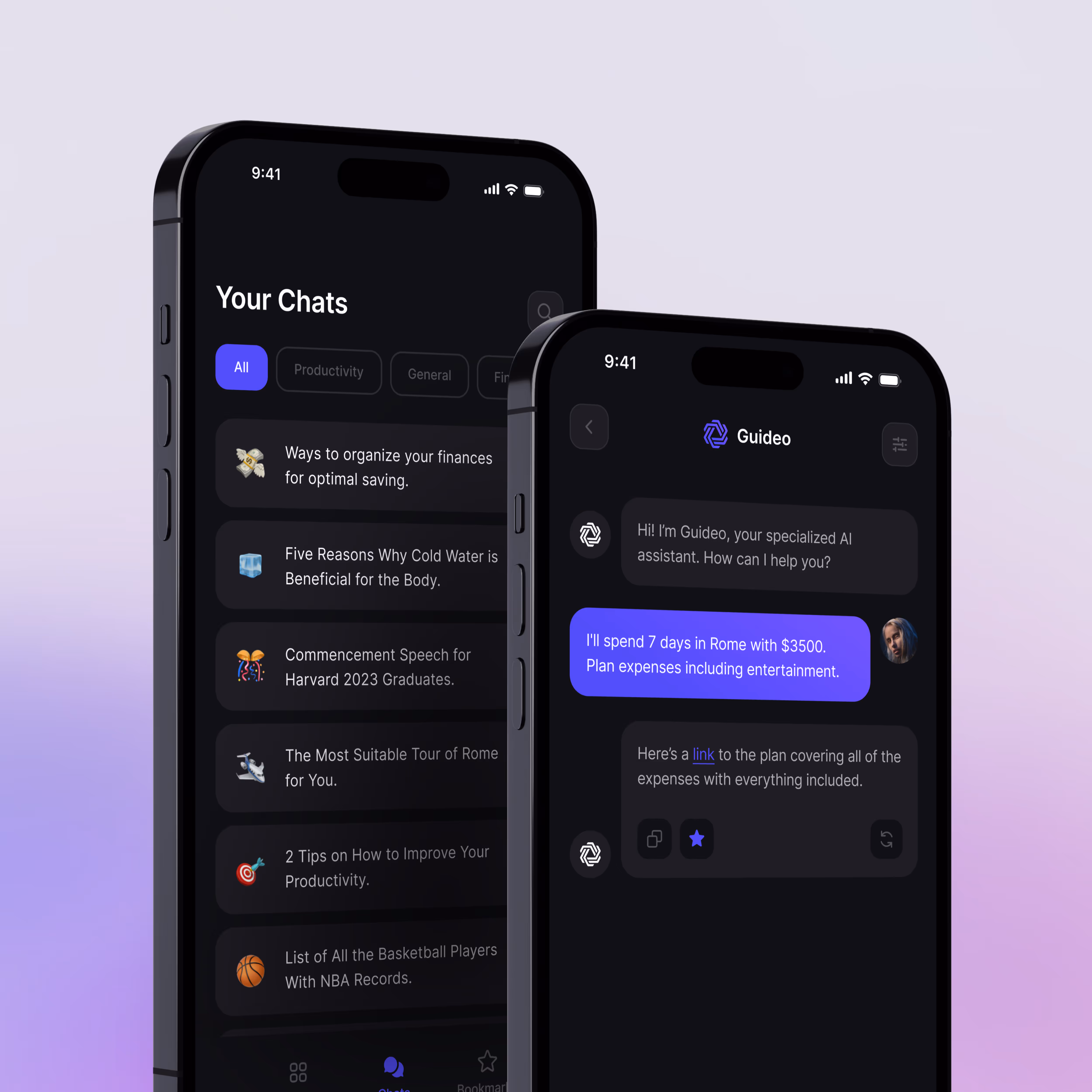 An image showcasing a mobile app design for an AI Chatbot startup Guideo