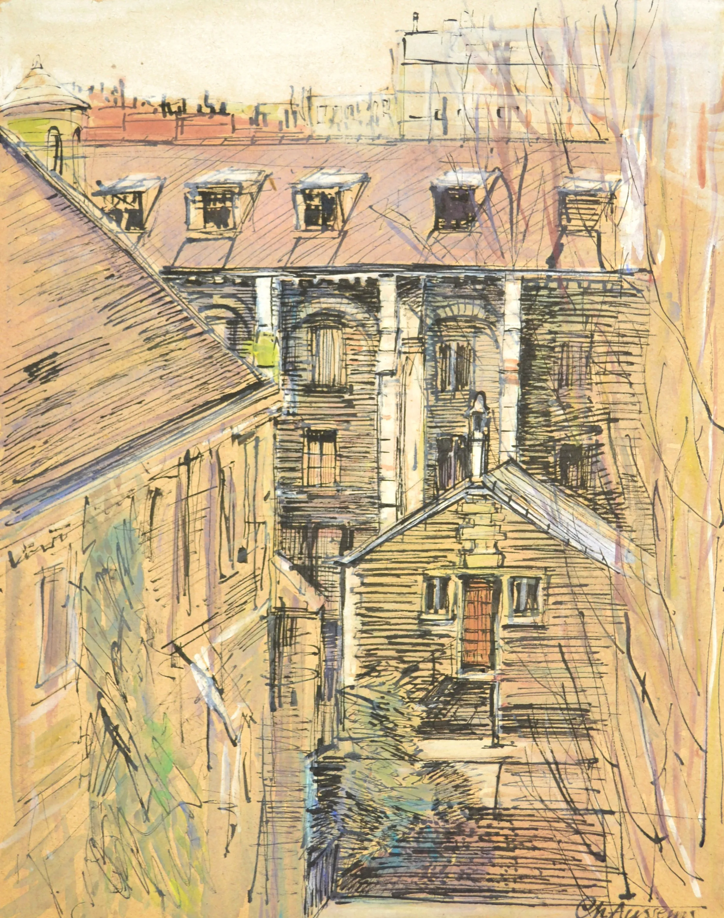 Watercolor sketch of old buildings with a red roof, multiple windows, and a small wooden house in the foreground.