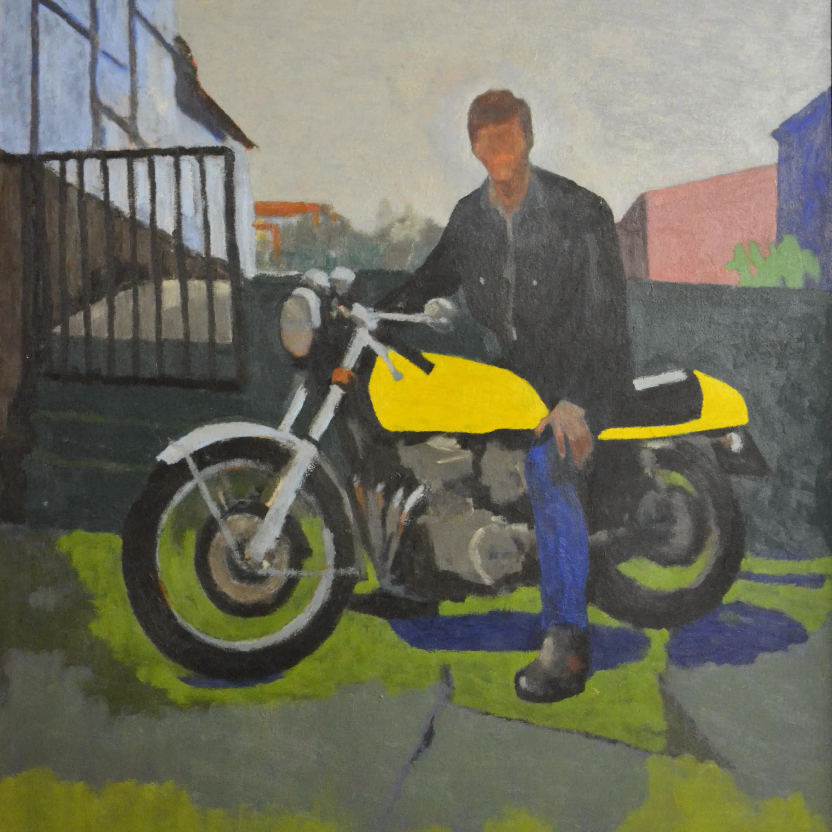 Painting of a person sitting on a yellow motorcycle outside near a black fence and buildings.