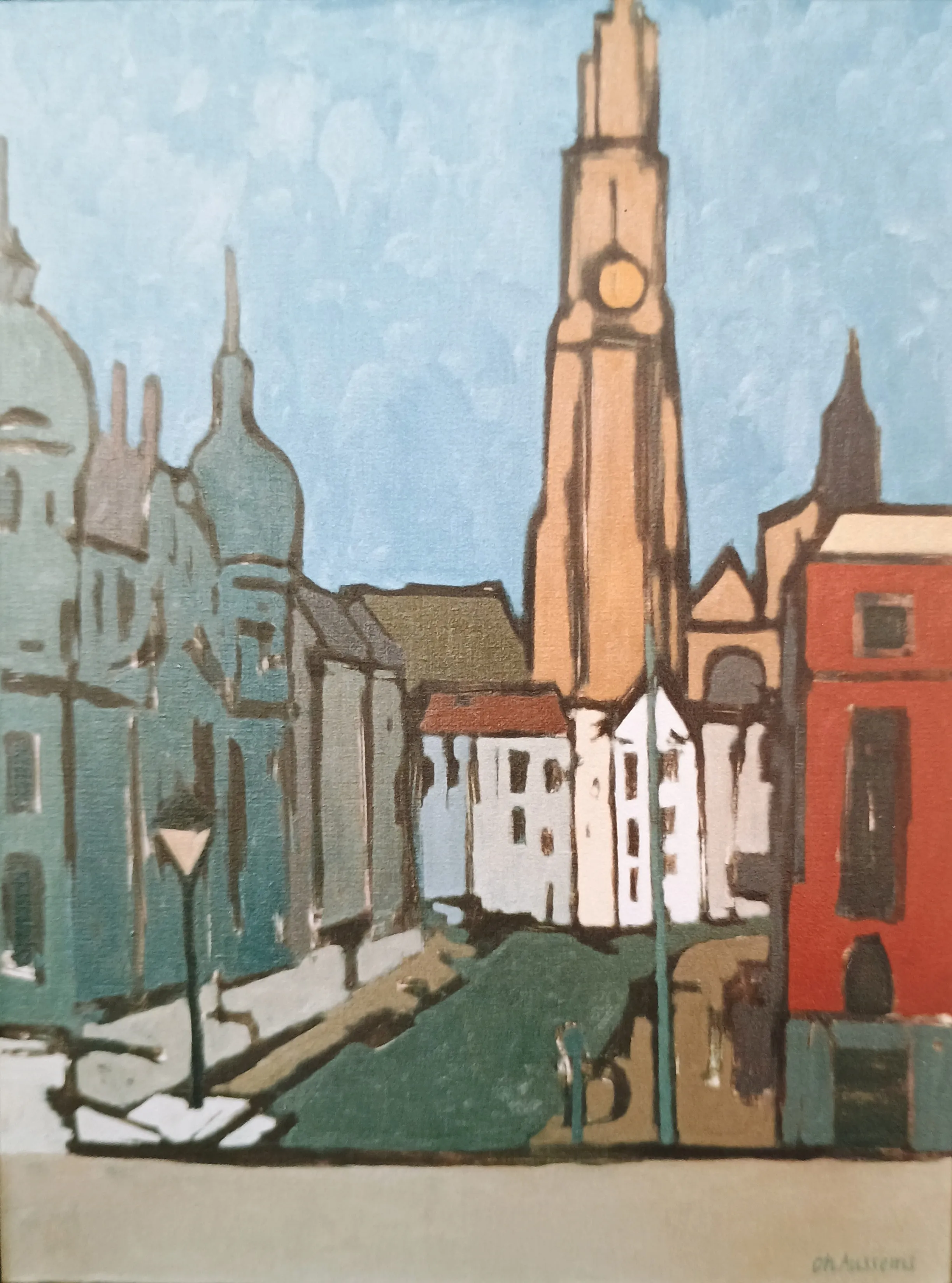 Abstract painting of a cityscape featuring a tall clock tower, colorful buildings, and a canal.