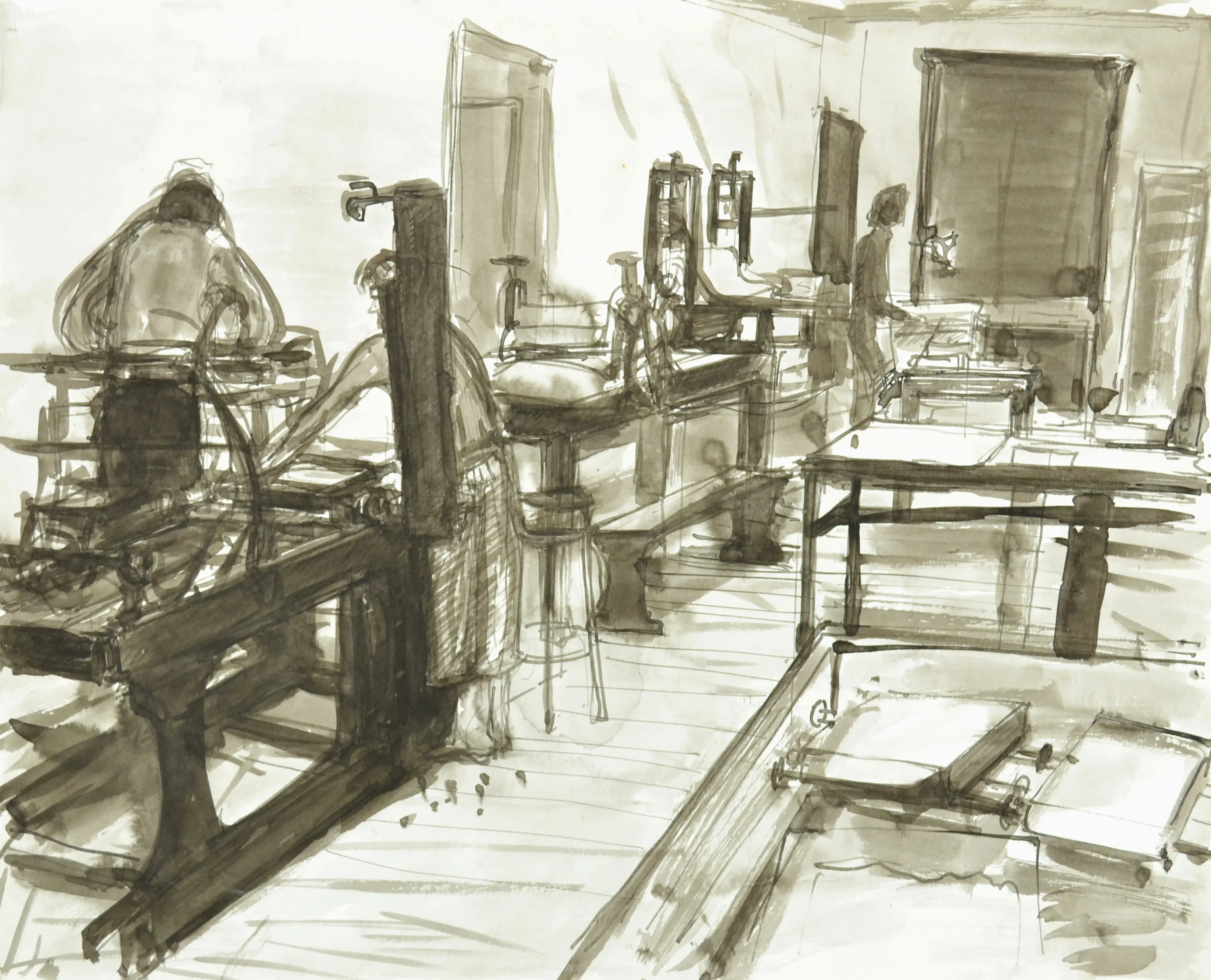 Monochrome ink drawing of three people working on printing presses in a workshop with tables and equipment.