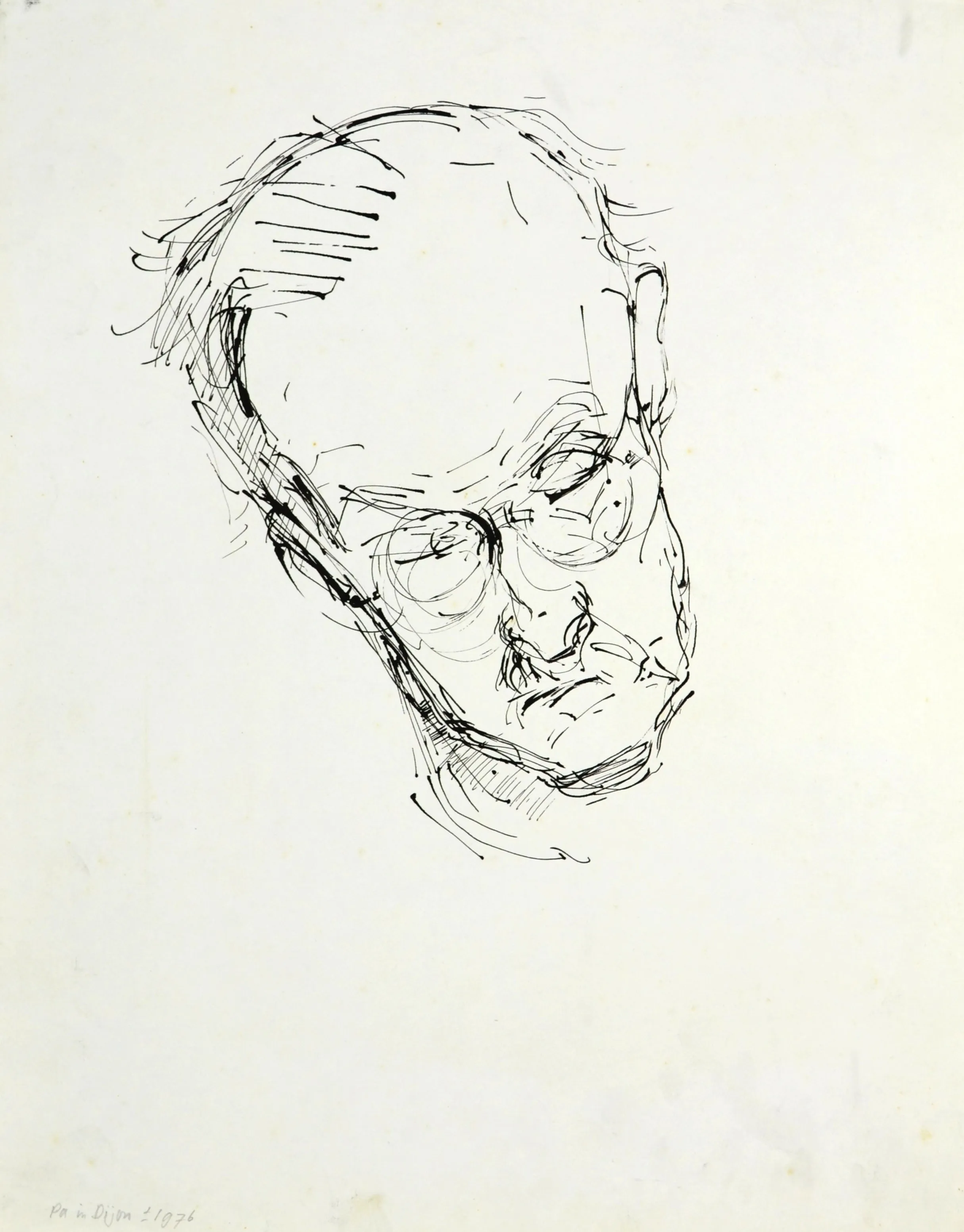 Ink sketch of an elderly man's head with glasses, thinning hair, and a somber expression.