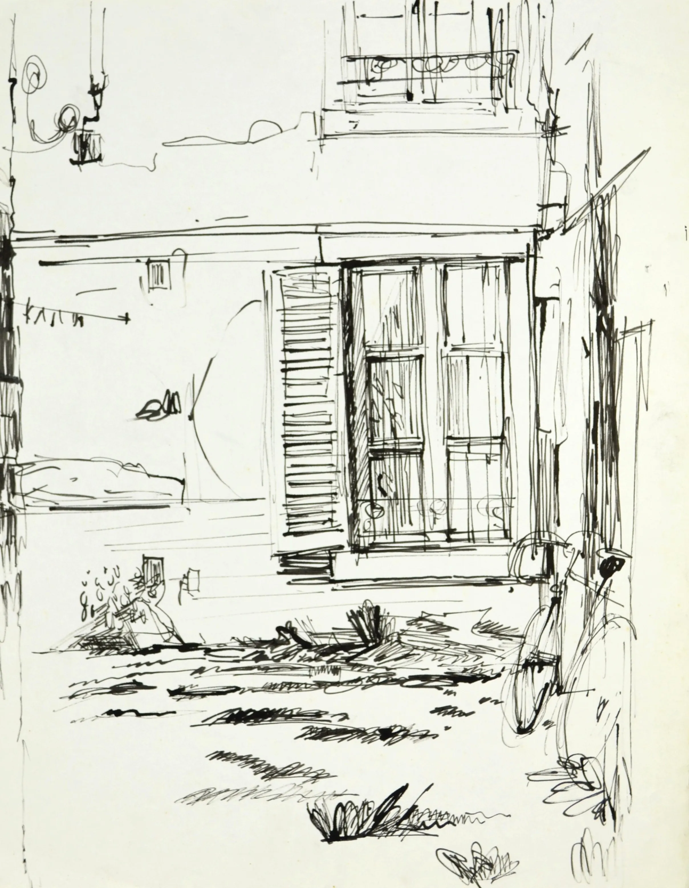 Black ink sketch of a courtyard featuring a large window with shutters and a bicycle leaning against the wall.