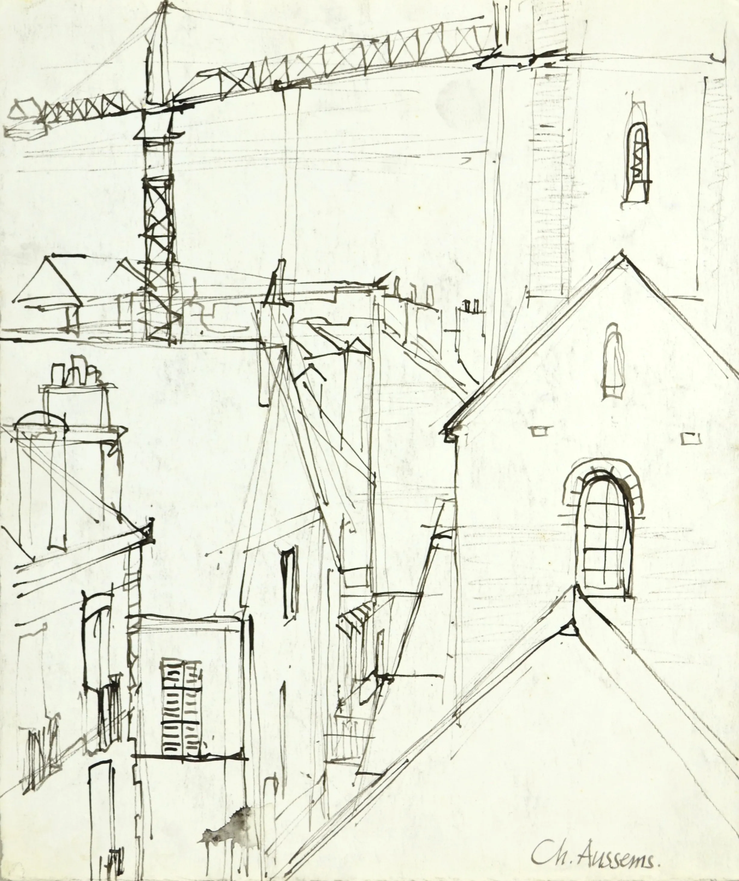 Black ink sketch of rooftops with chimneys, a crane, and a building with an arched window and statue niche.
