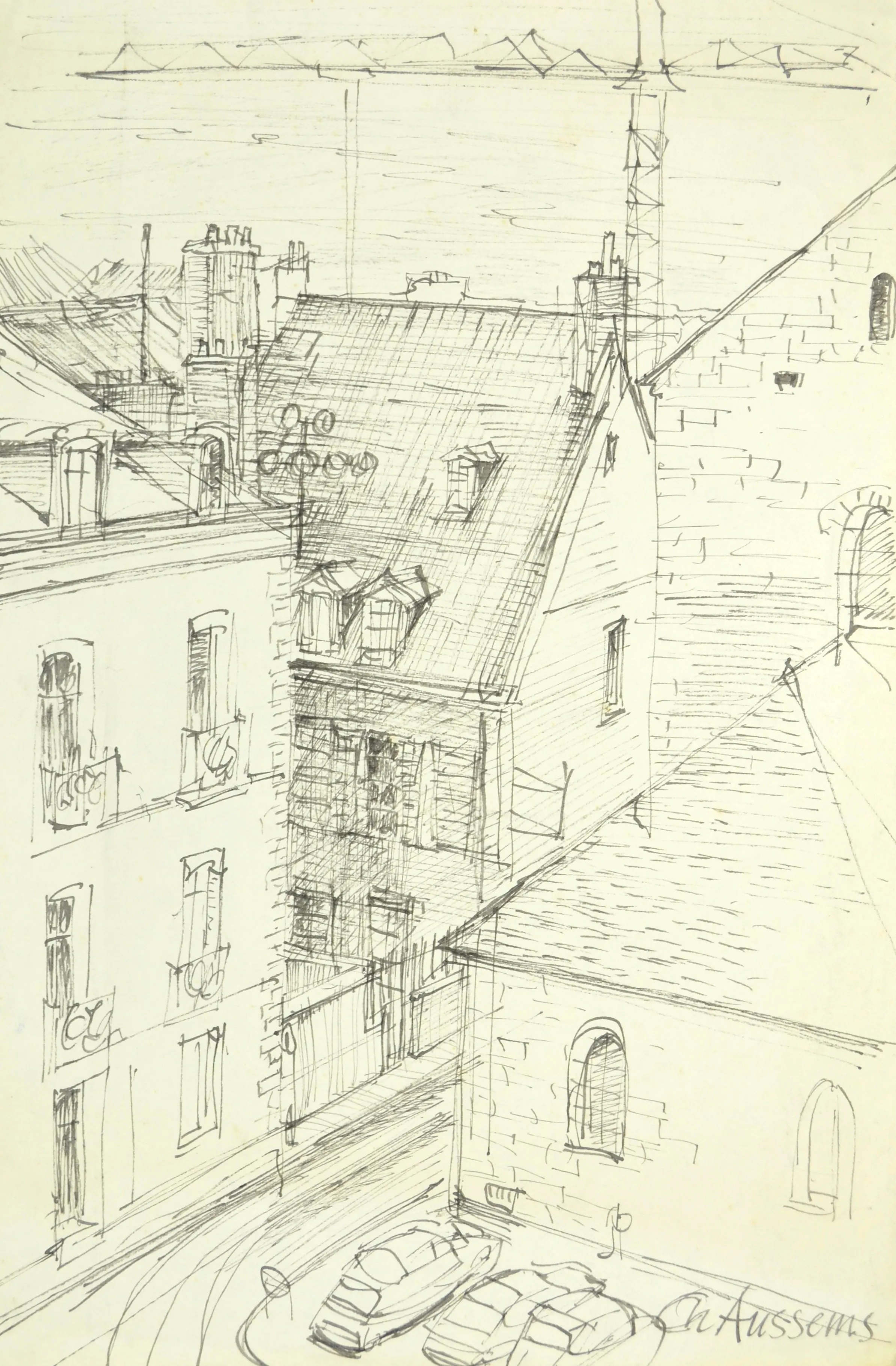 Pen sketch of a street corner with old buildings and parked cars viewed from above.