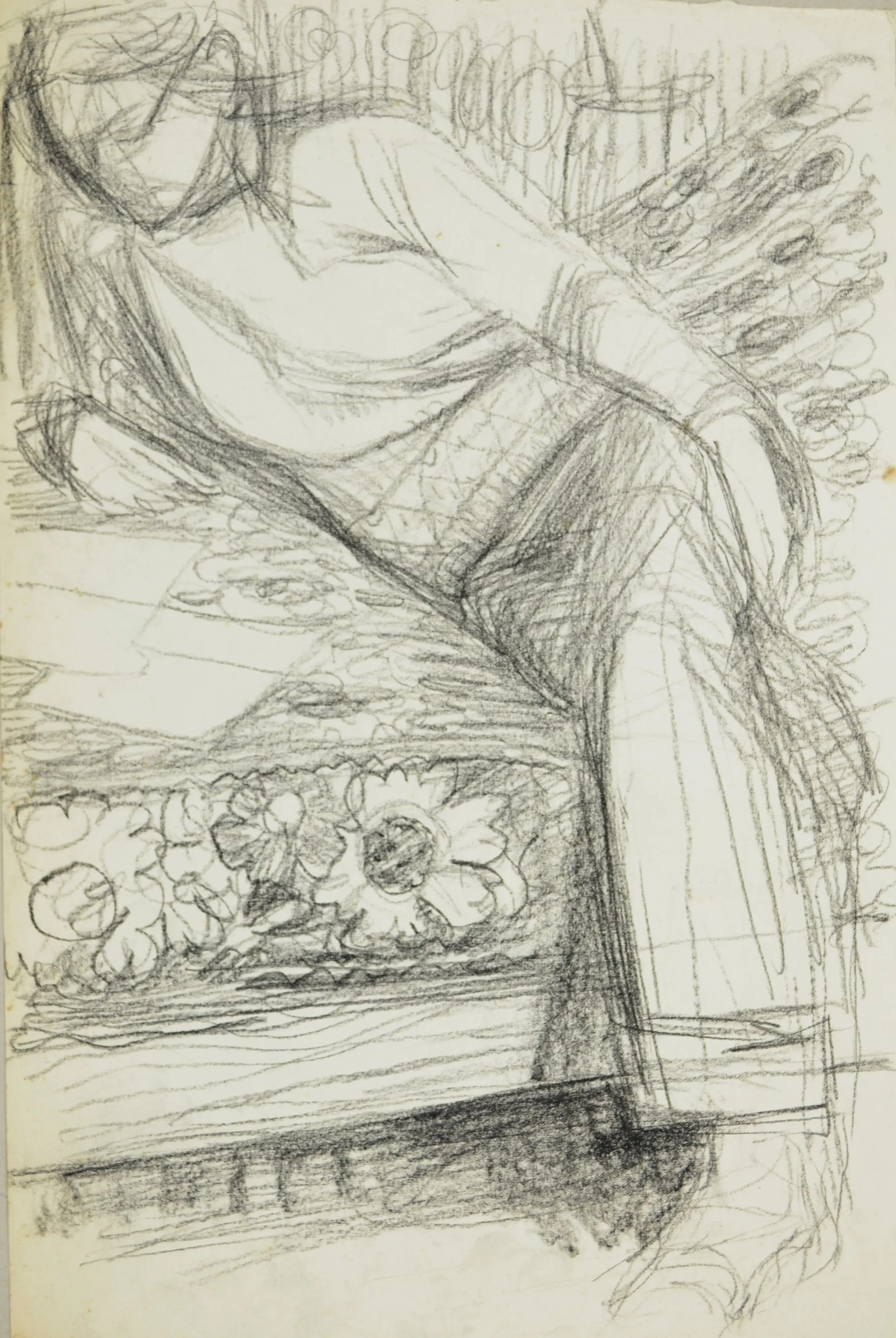 Black pencil sketch of a woman reclining on a patterned couch or bed, with floral designs on the upholstery.