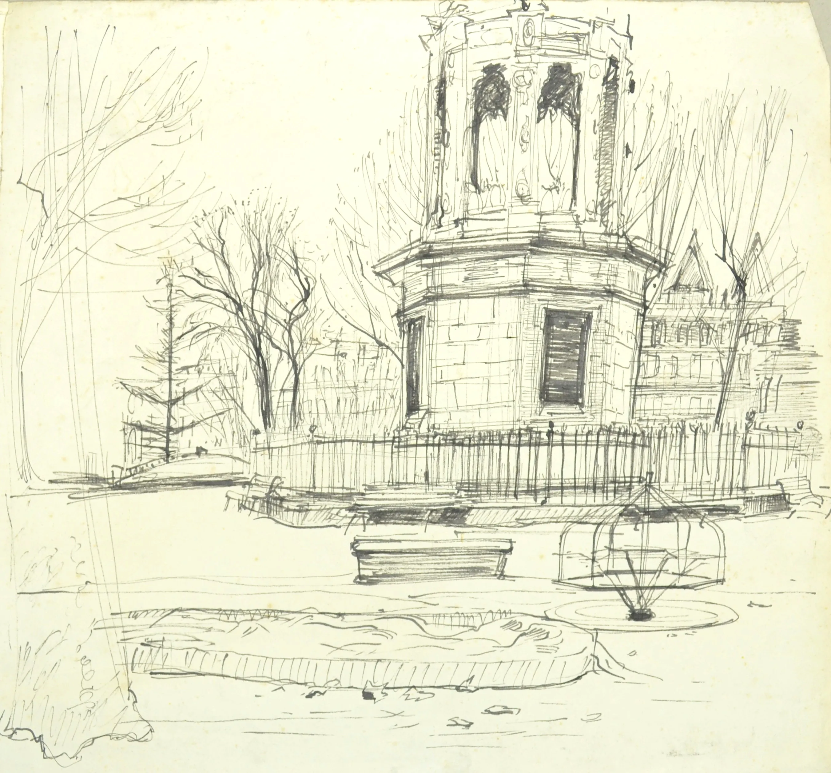 Ink sketch of a park scene featuring a large ornate stone structure with windows and a fence, barren trees, benches, and a round fountain.