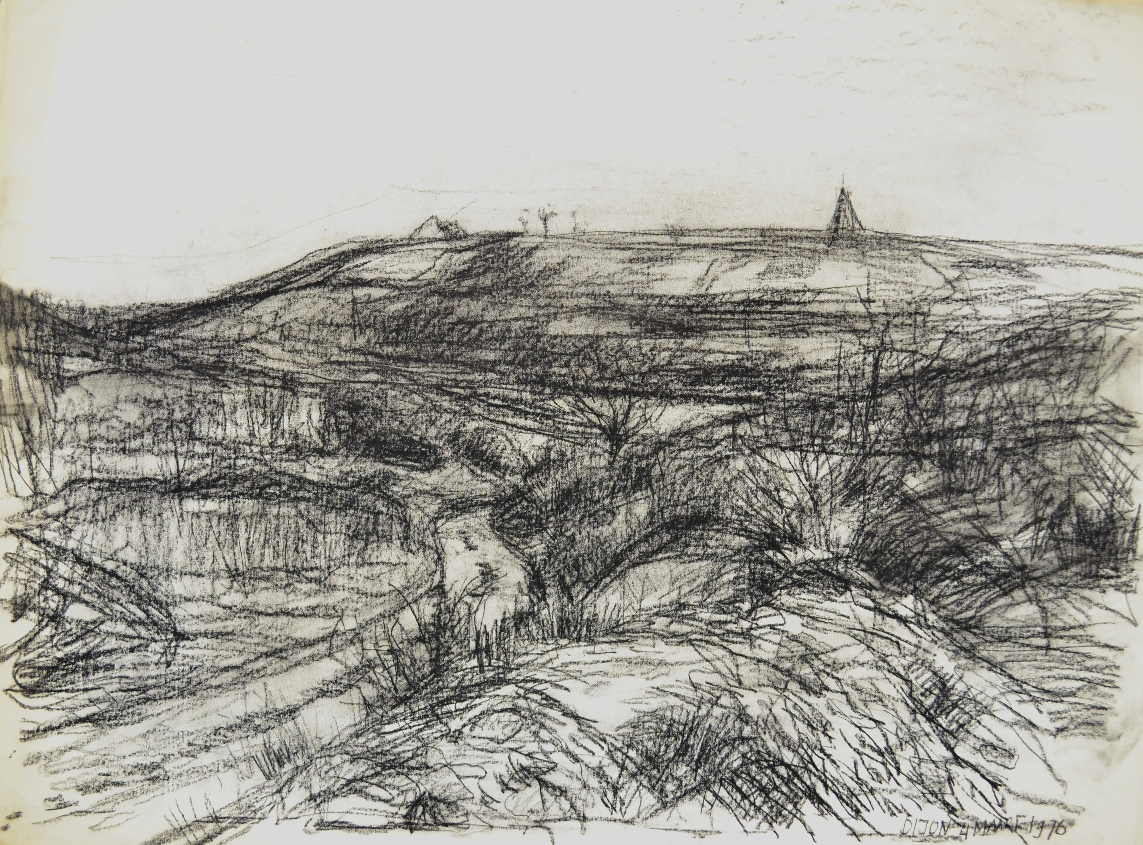 Black and white charcoal drawing of a rolling landscape with sparse trees and a winding path, featuring a pointed structure on a distant hill.