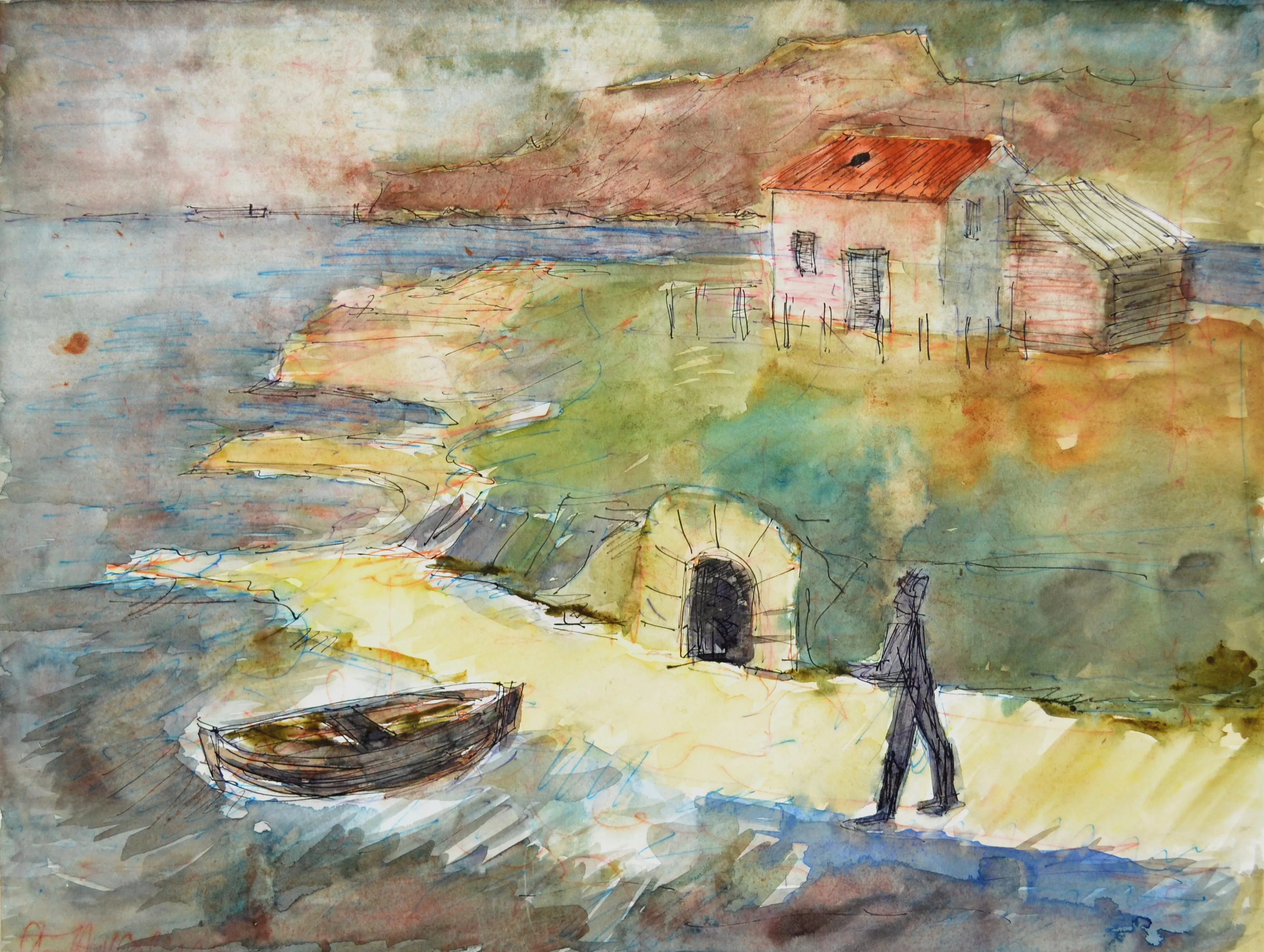 Watercolor painting of a coastal landscape with a small boat on the shore, a stone tunnel entrance, and a red-roofed house on a grassy hill.