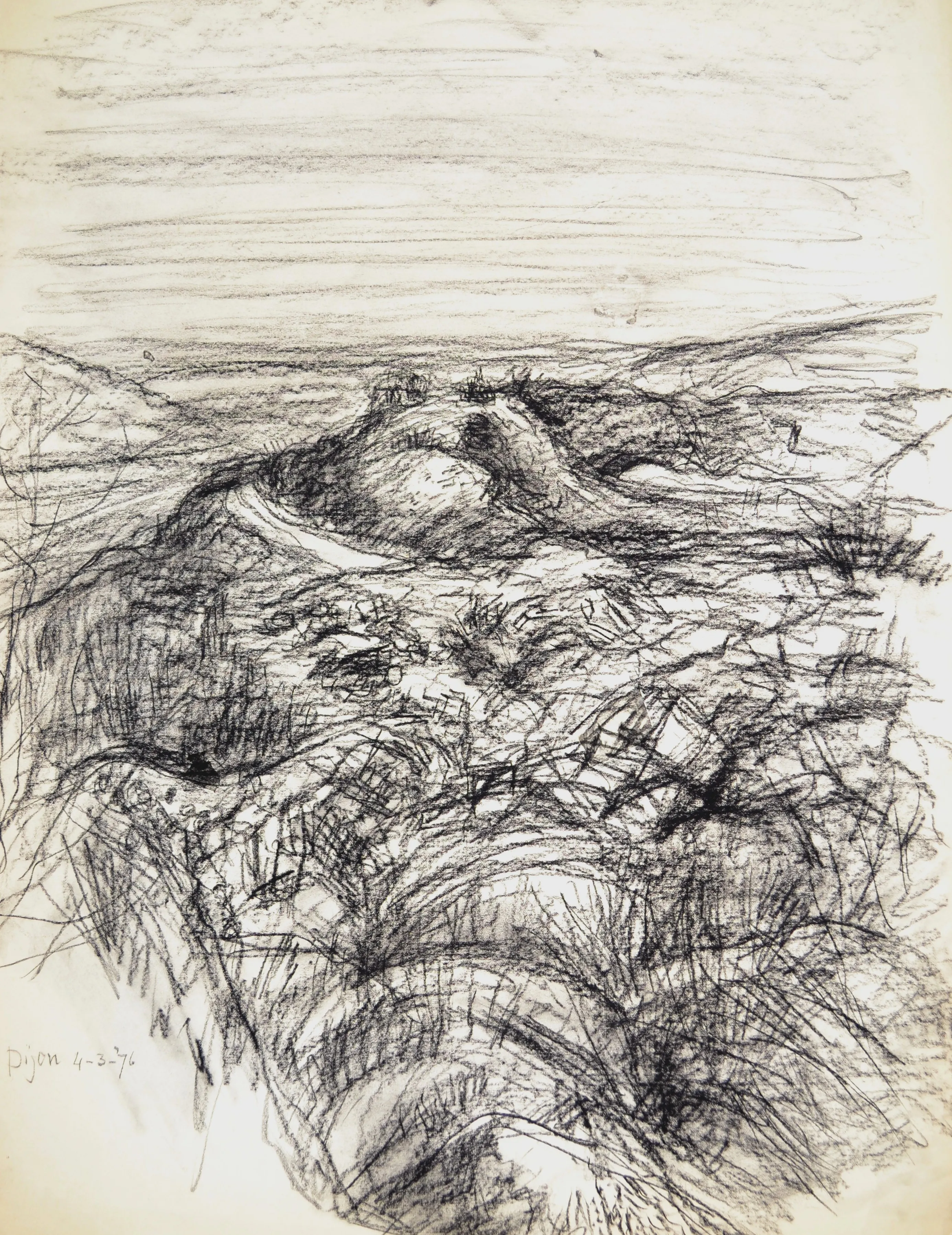 Black and white charcoal sketch of a hilly landscape with trees and fields under a cloudy sky.