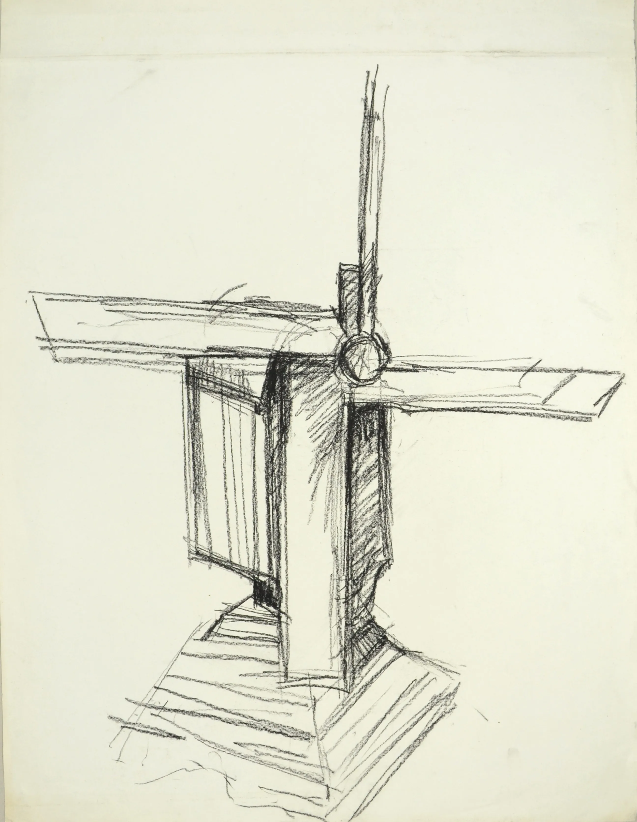 Pencil sketch of a traditional windmill with a rectangular base and four blades.