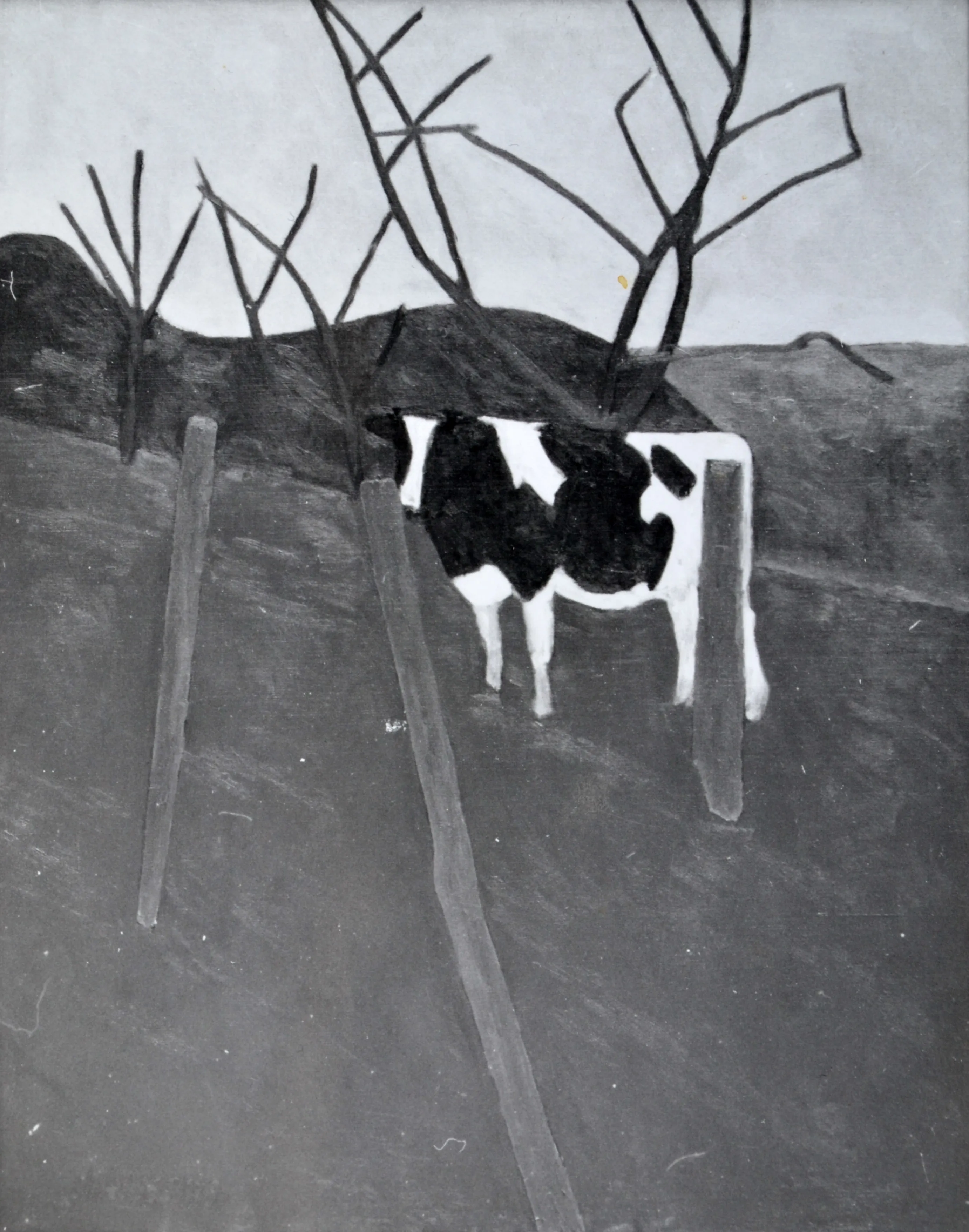Black and white painting of a cow standing behind a few bare tree branches and fence posts on a dark landscape.