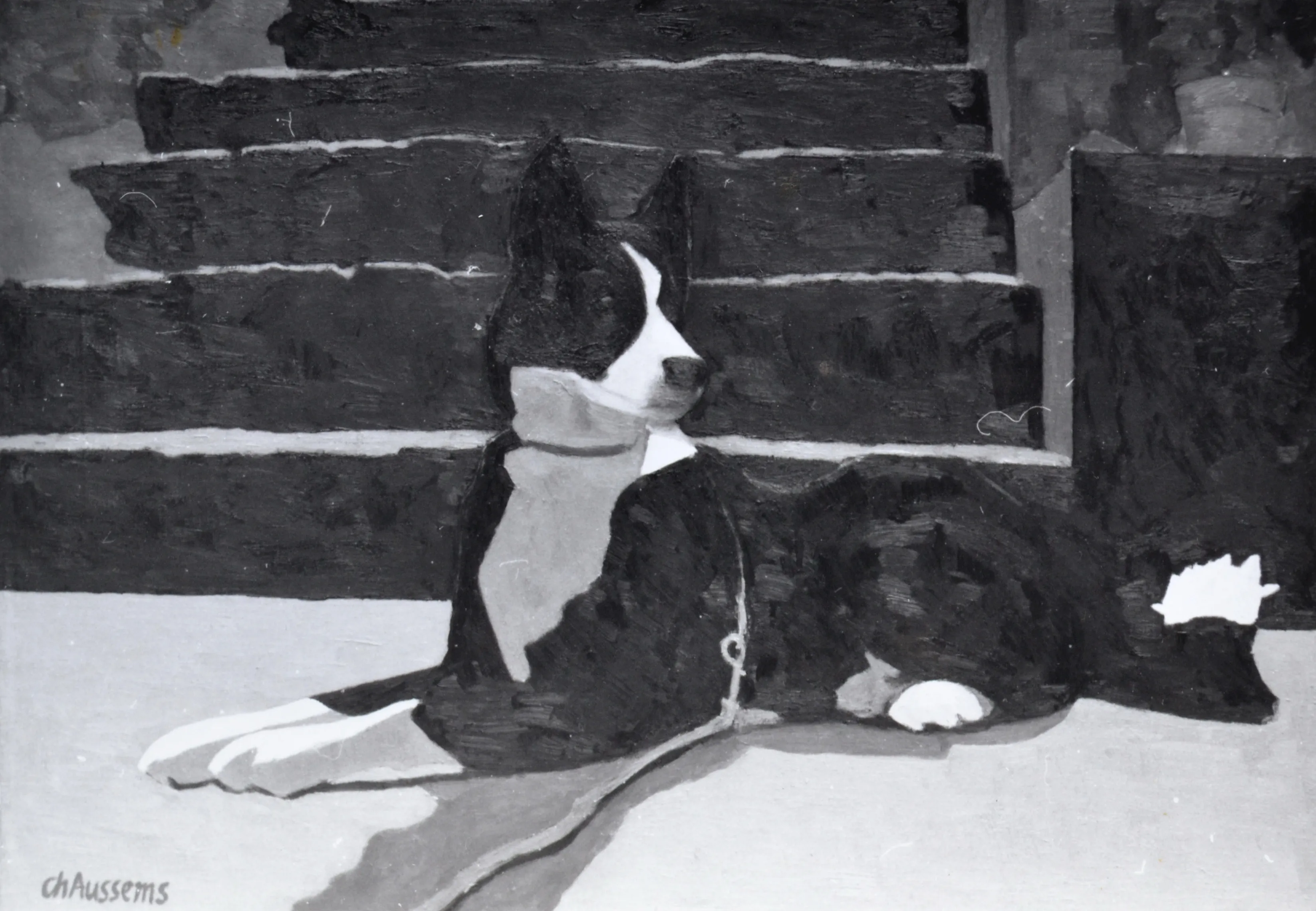 Painting of a black and white dog lying down on a surface in front of steps with a leash attached.