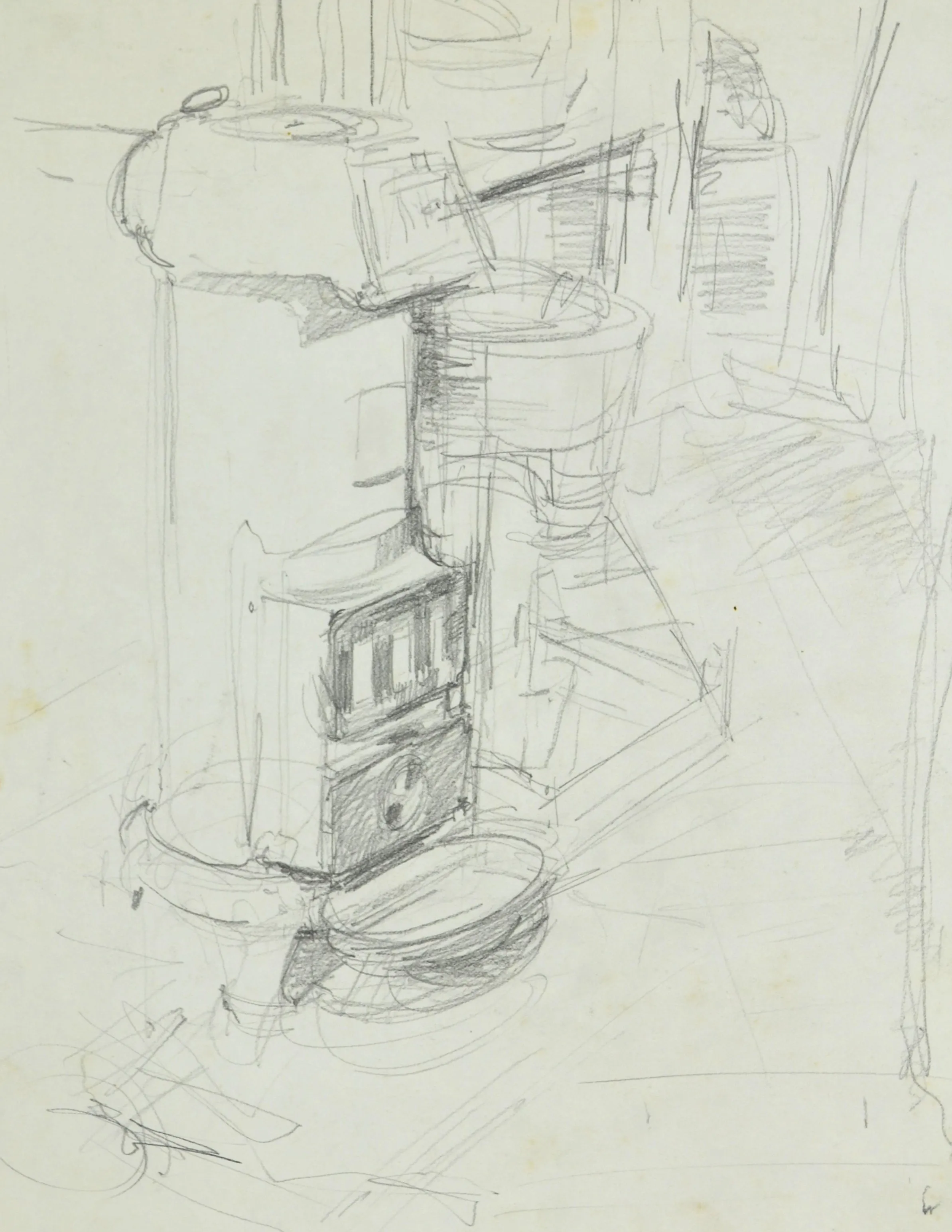 Pencil sketch of a vintage stove or heating apparatus with a distinct round base and door details.