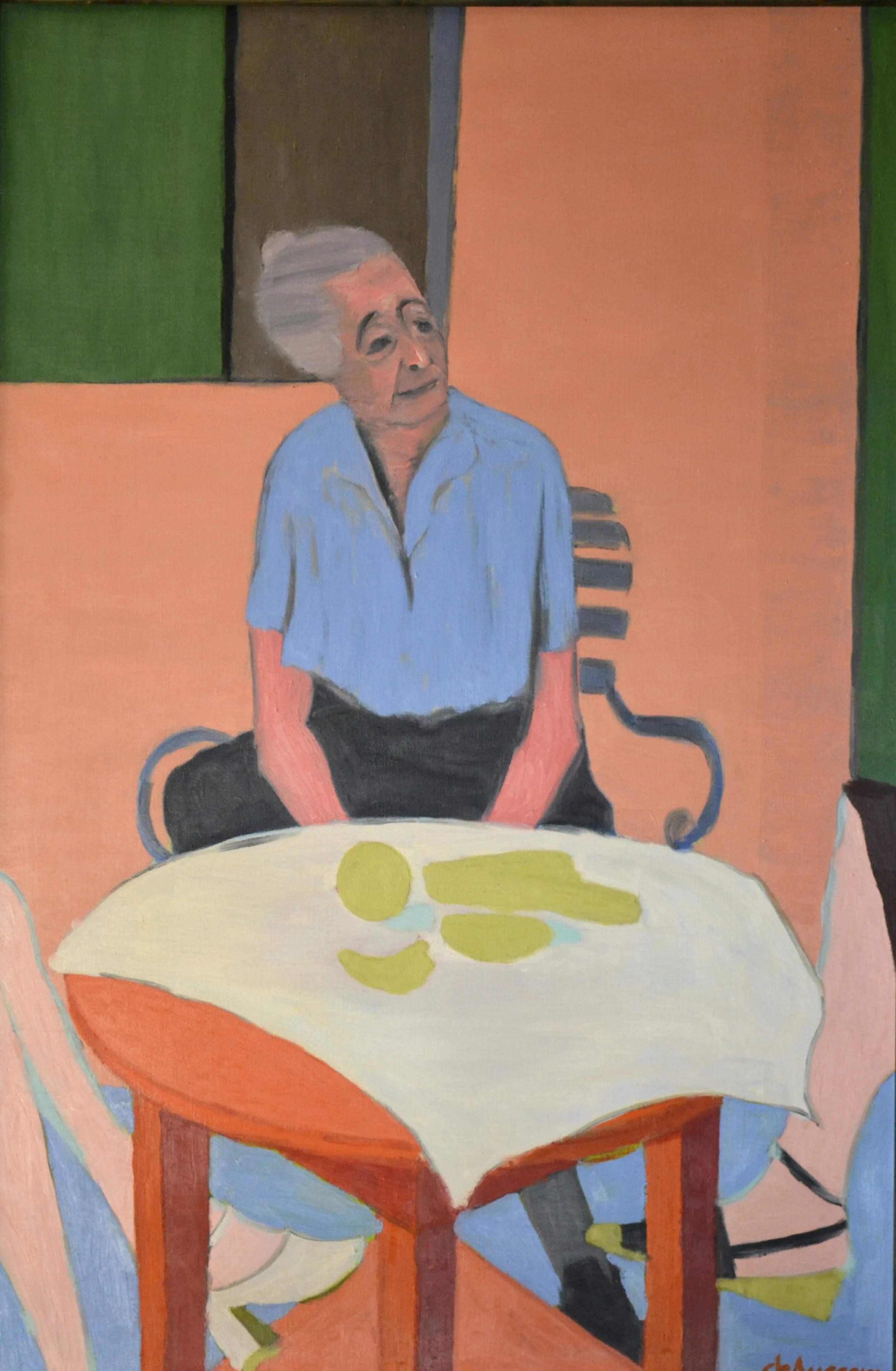 Painting of an elderly woman with gray hair tied back, seated at a table with a white tablecloth and green fruit pieces.
