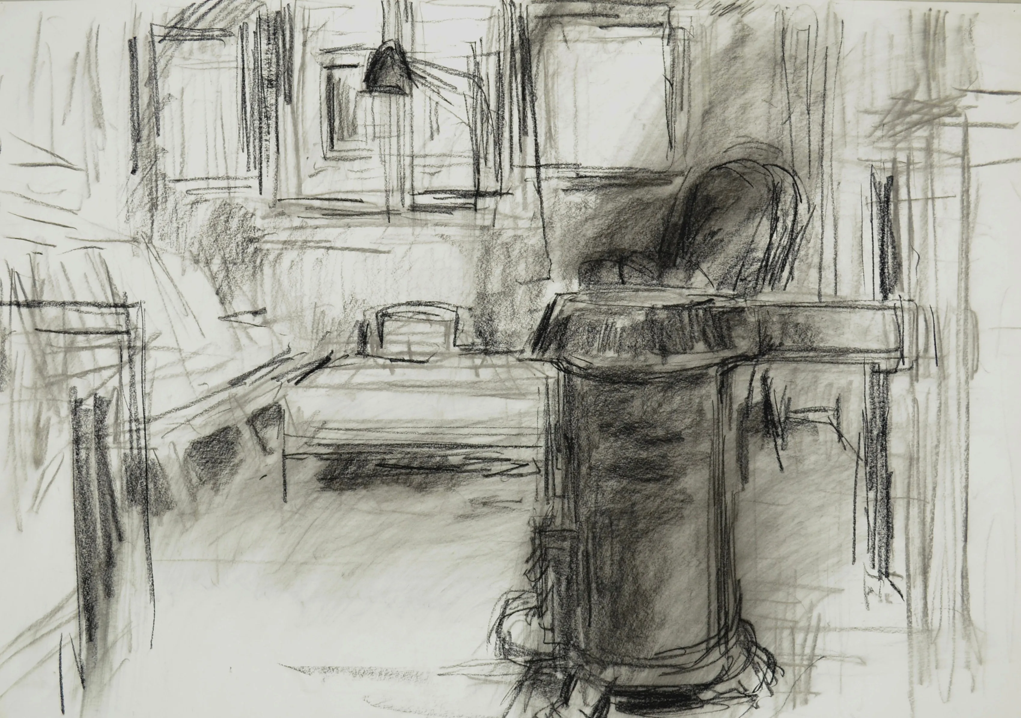 Charcoal sketch of an interior room showing a table, an armchair, windows, and a lamp.