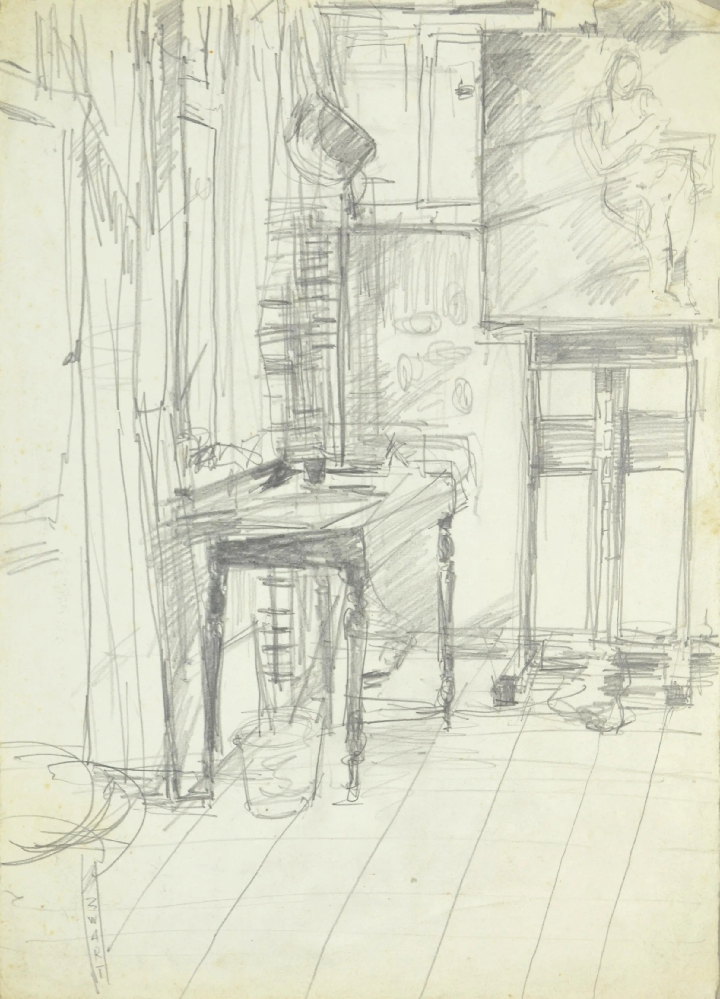 Pencil sketch of an interior room featuring a wooden table, tiled floor, and sketches on the walls.