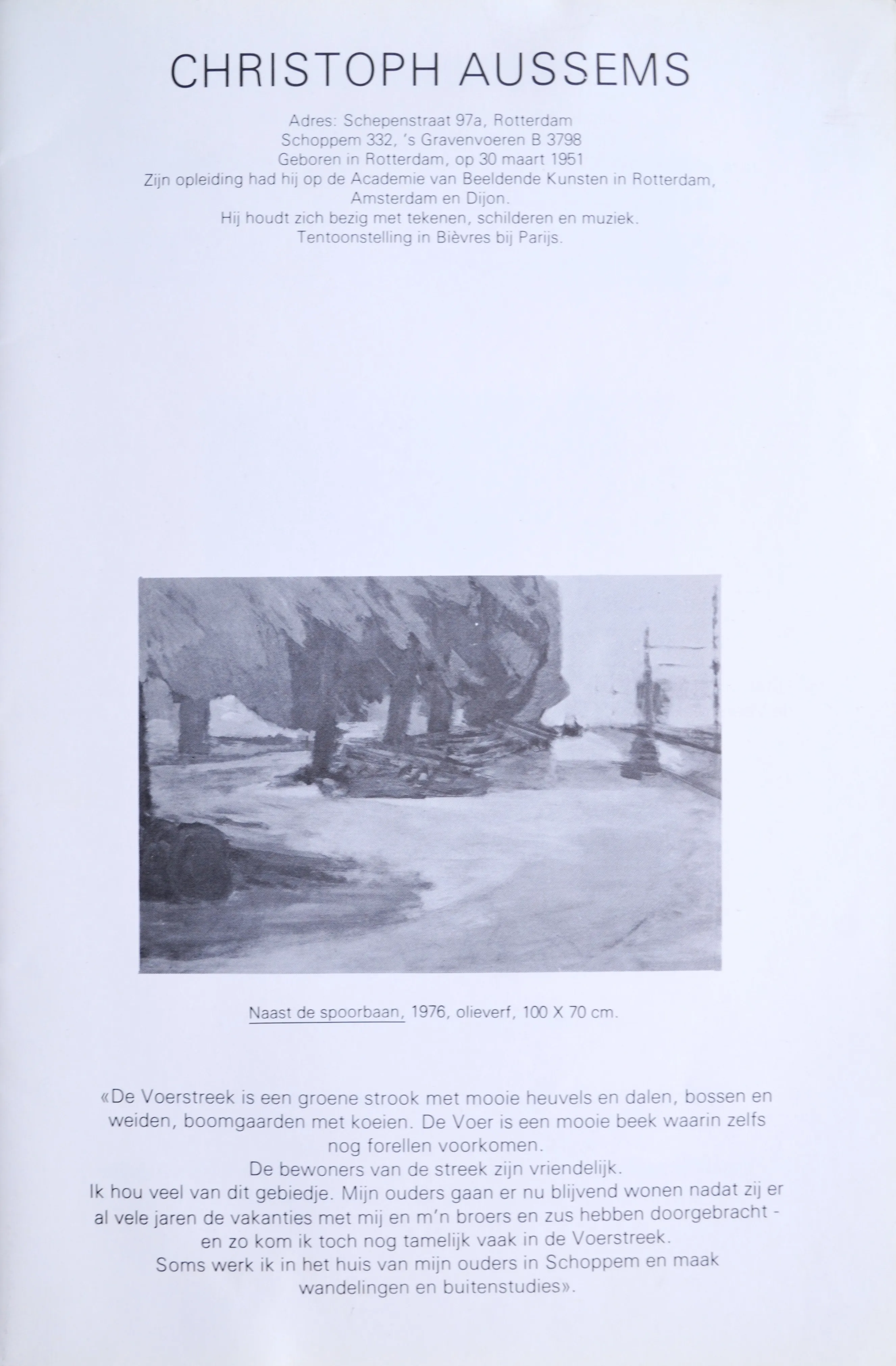 Text about artist Christoph Aussems, including address, biography, and a black and white painting titled 'Naast de spoorbaan' from 1976 depicting a tree-lined path near a railway.