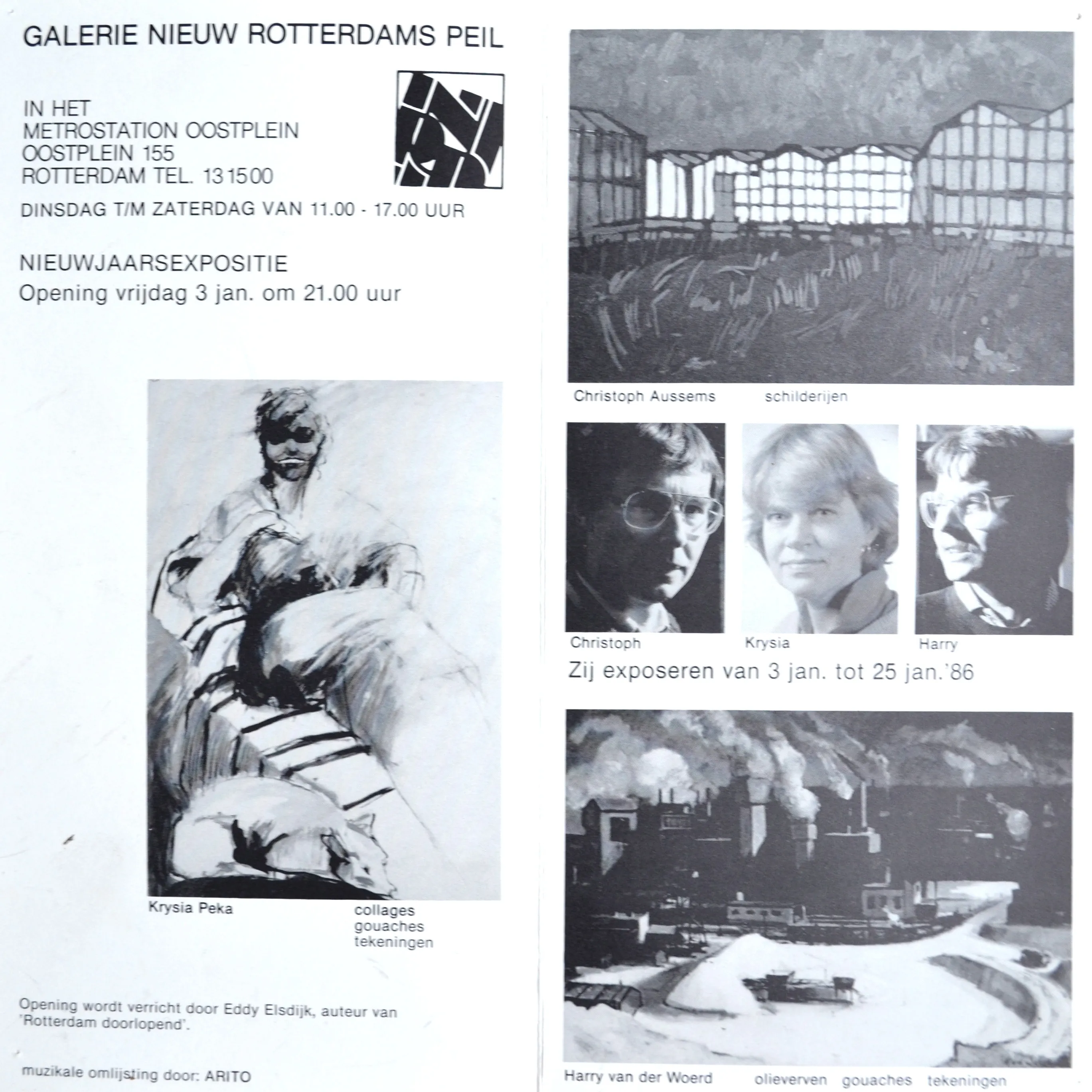 Black and white flyer for Galerie Nieuw Rotterdams Peil 1986 New Year's exhibition featuring artworks by Christoph Aussems, Krysia Peka, and Harry van der Woerd with artist portraits.